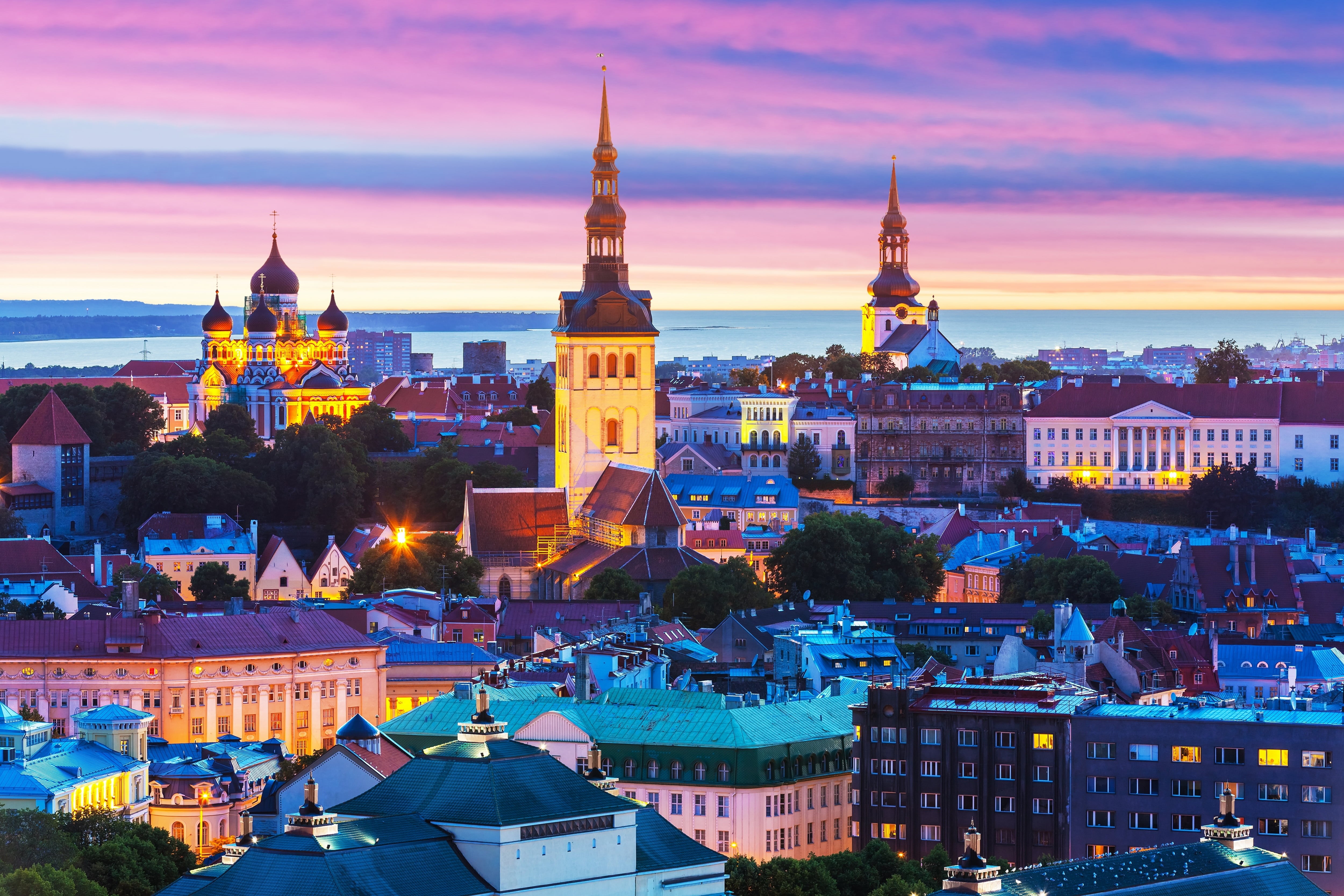 city, church, prague, blue, spire, tourism, old, night city, medieval, the past, dusk, downtown District, cultures, illuminated, urban Scene, panorama, HD Wallpaper