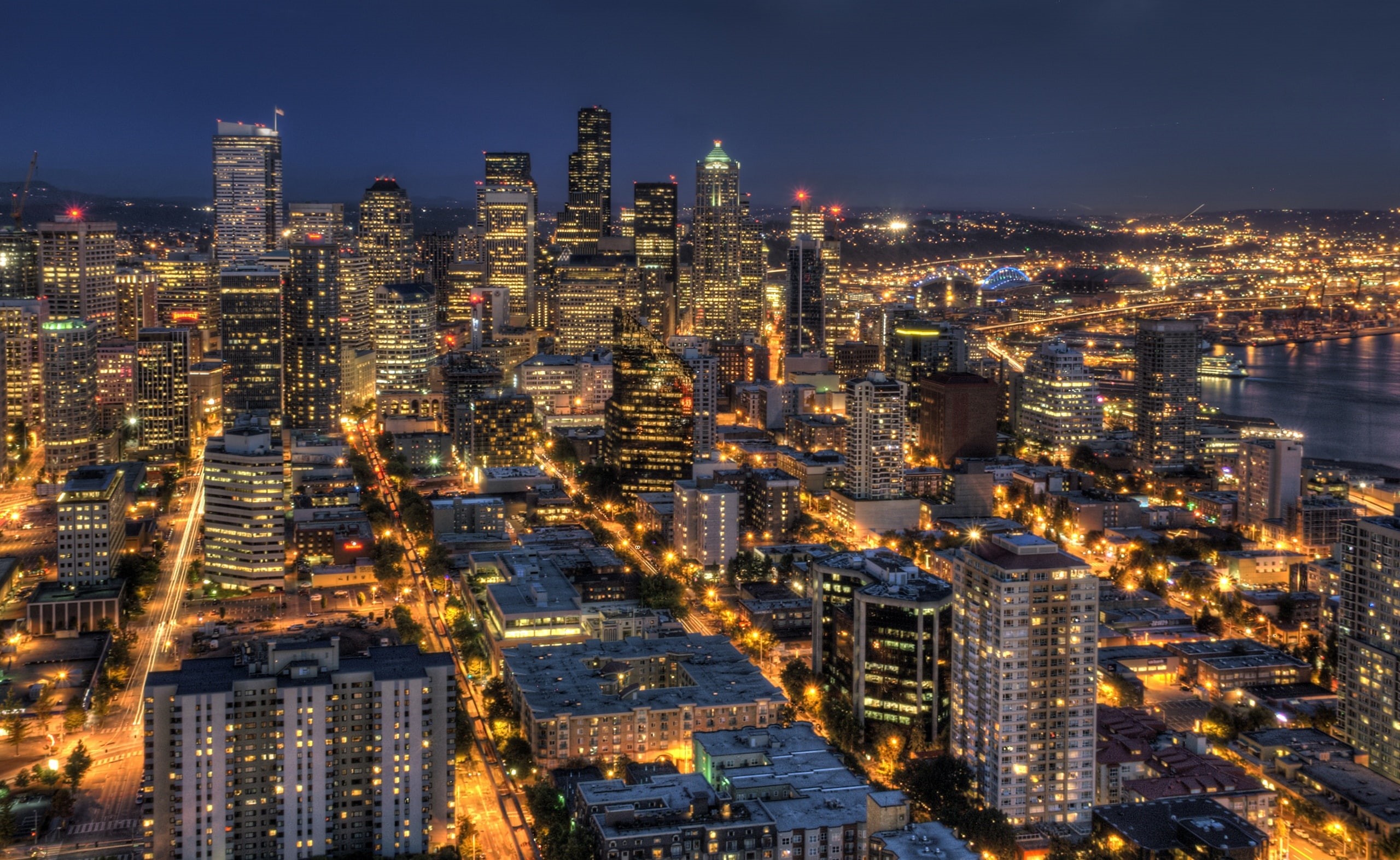 Washington, office building exterior, lights, aerial, sky, architecture, tall - high, travel destinations, dusk, built structure, Seattle, Night, crowded, HD Wallpaper