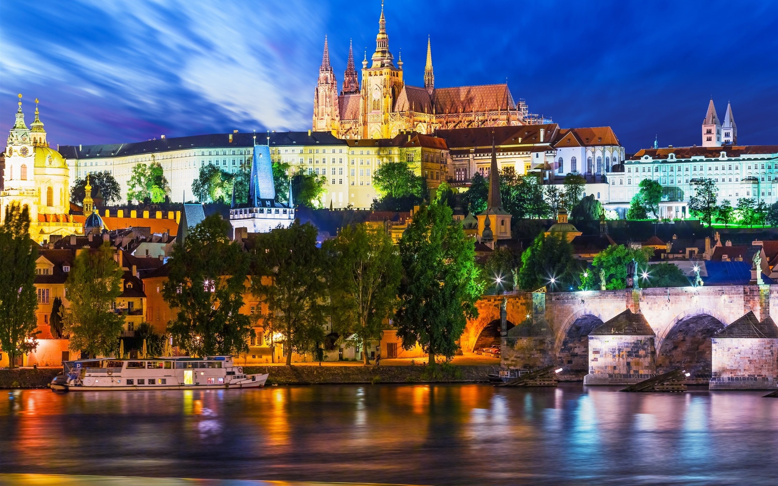 Prague, Ship, Czech, Night, Vltava, Lights, Republic, City, River, 2K, HD Wallpaper