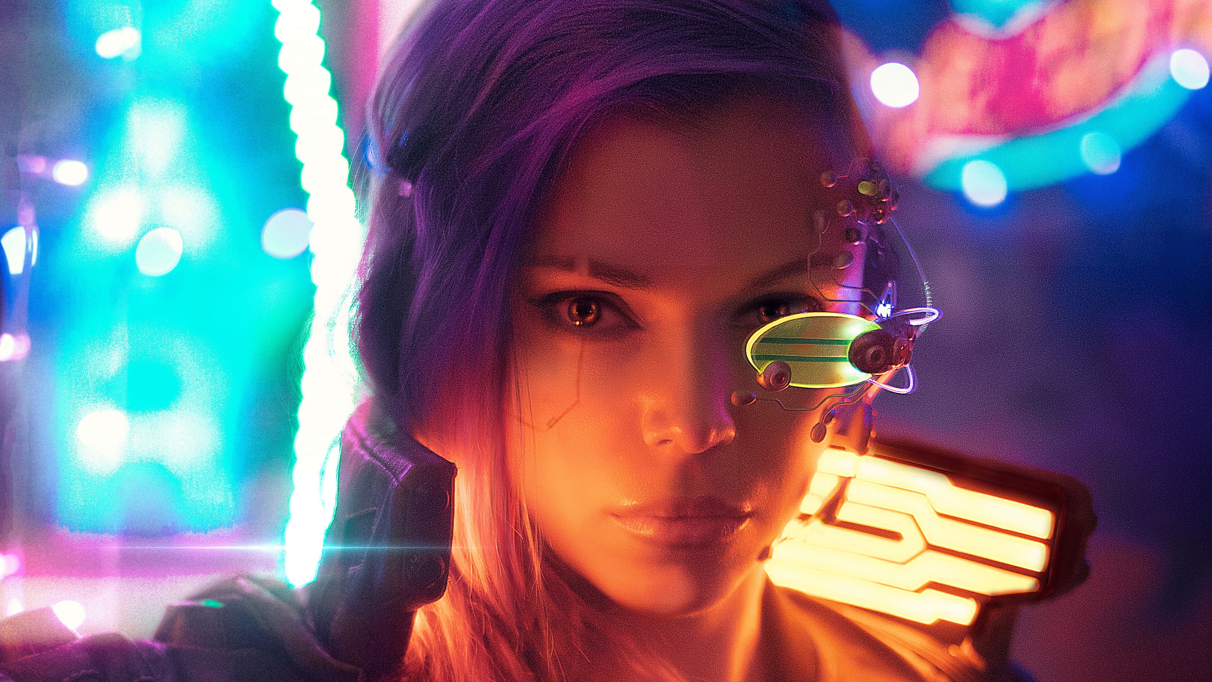 Sci Fi, Face, 4K, Purple Hair, Woman, Girl, Cyberpunk, HD Wallpaper