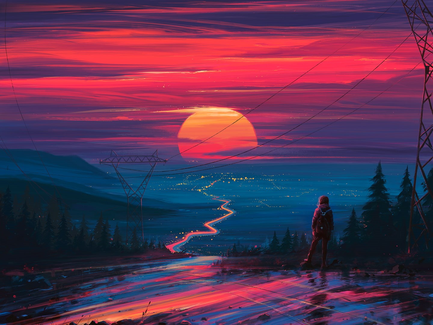 colorful, city, artwork, city lights, panorama, road, sunset, 720P, HD Wallpaper