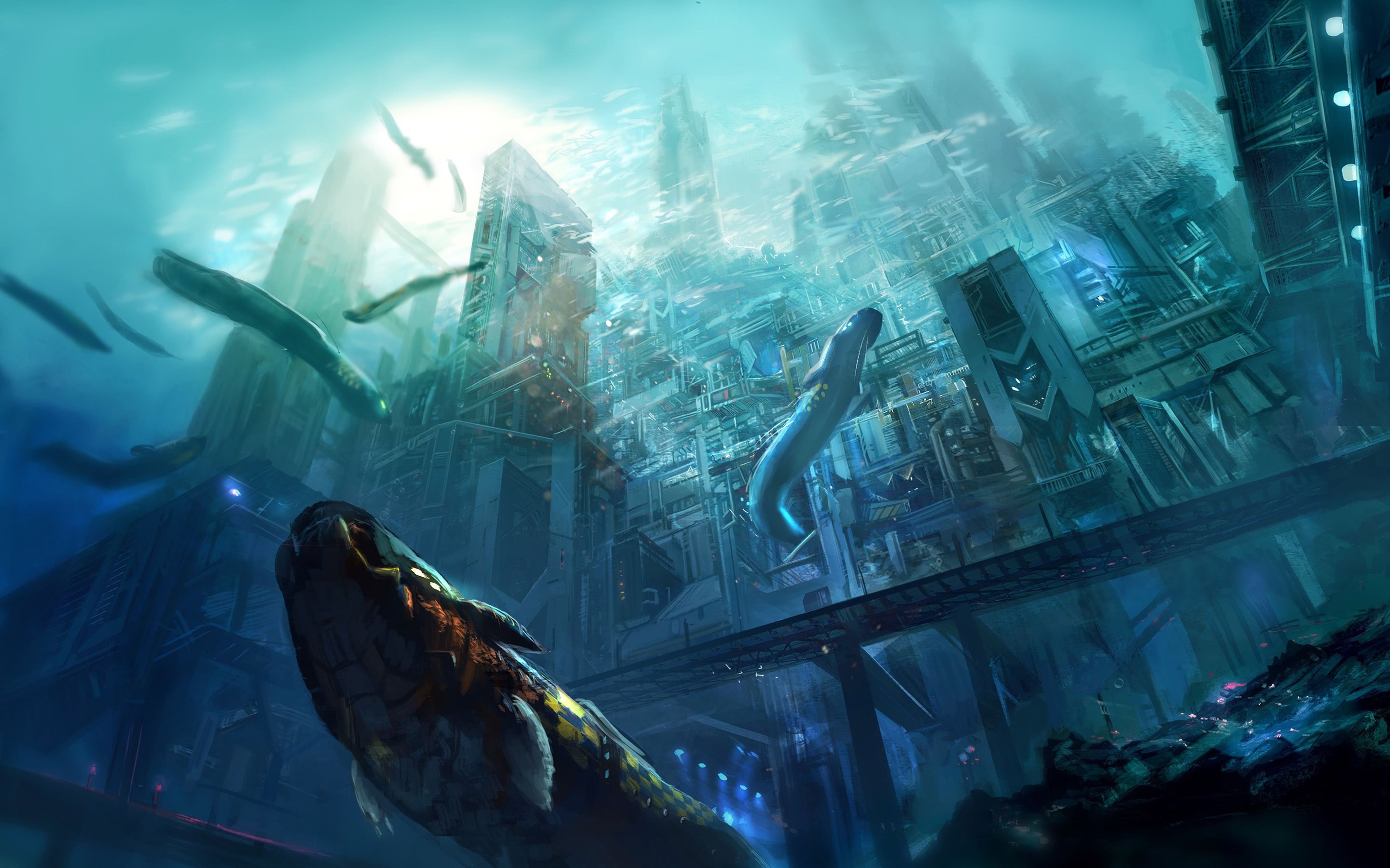 no people, built structure, digital art, aquarium, illustration, blue, animal themes, city, underwater, sea, indoors, animals in the wild, fish, glass - material, HD Wallpaper