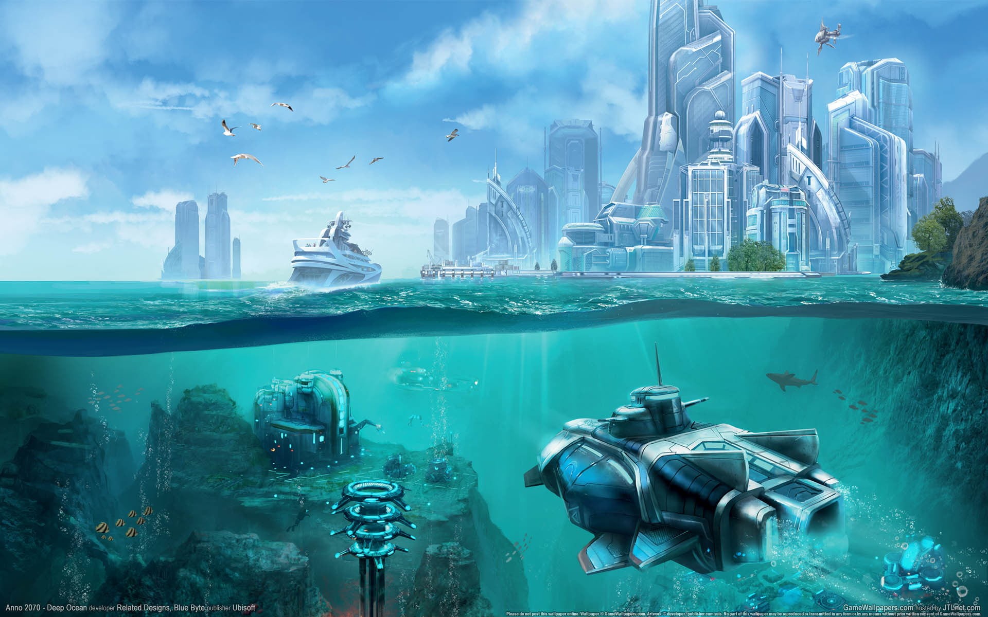 sea, skyscraper, the ocean, building, urban Skyline, blue, the city, cloud - sky, Anno 2070 - Deep Ocean, nature, modern, building Exterior, environment, HD Wallpaper