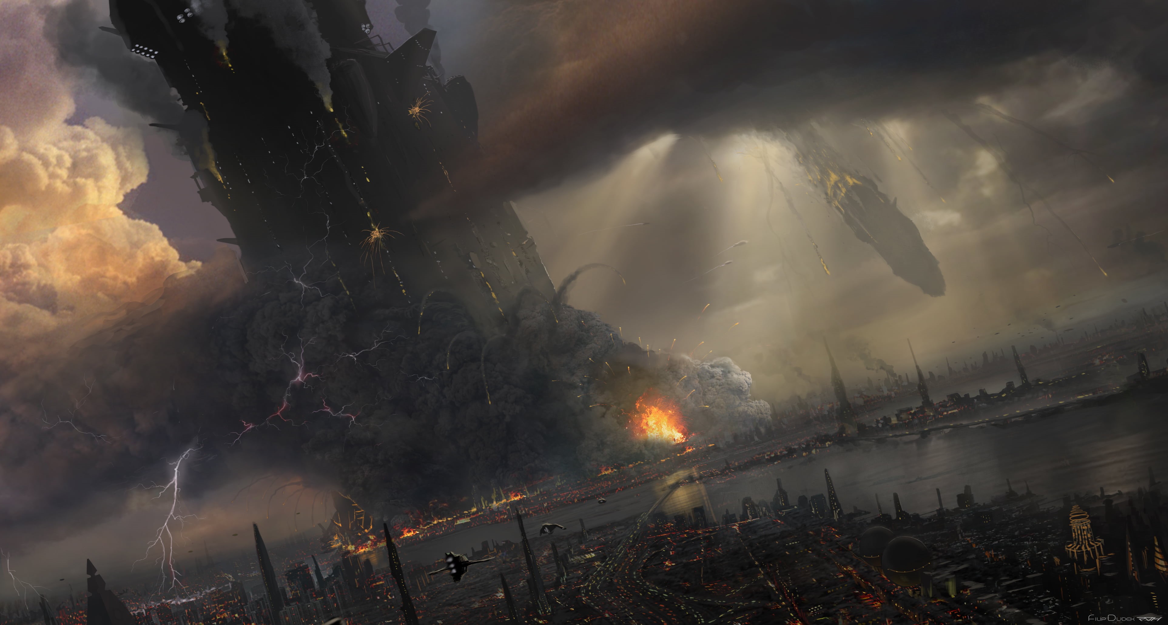 fire, space, the city, burning, smoke - Physical Structure, night, outdoors, air pollution, sky, beauty in nature, dusk, destruction, fiction, spooky, warship, HD Wallpaper