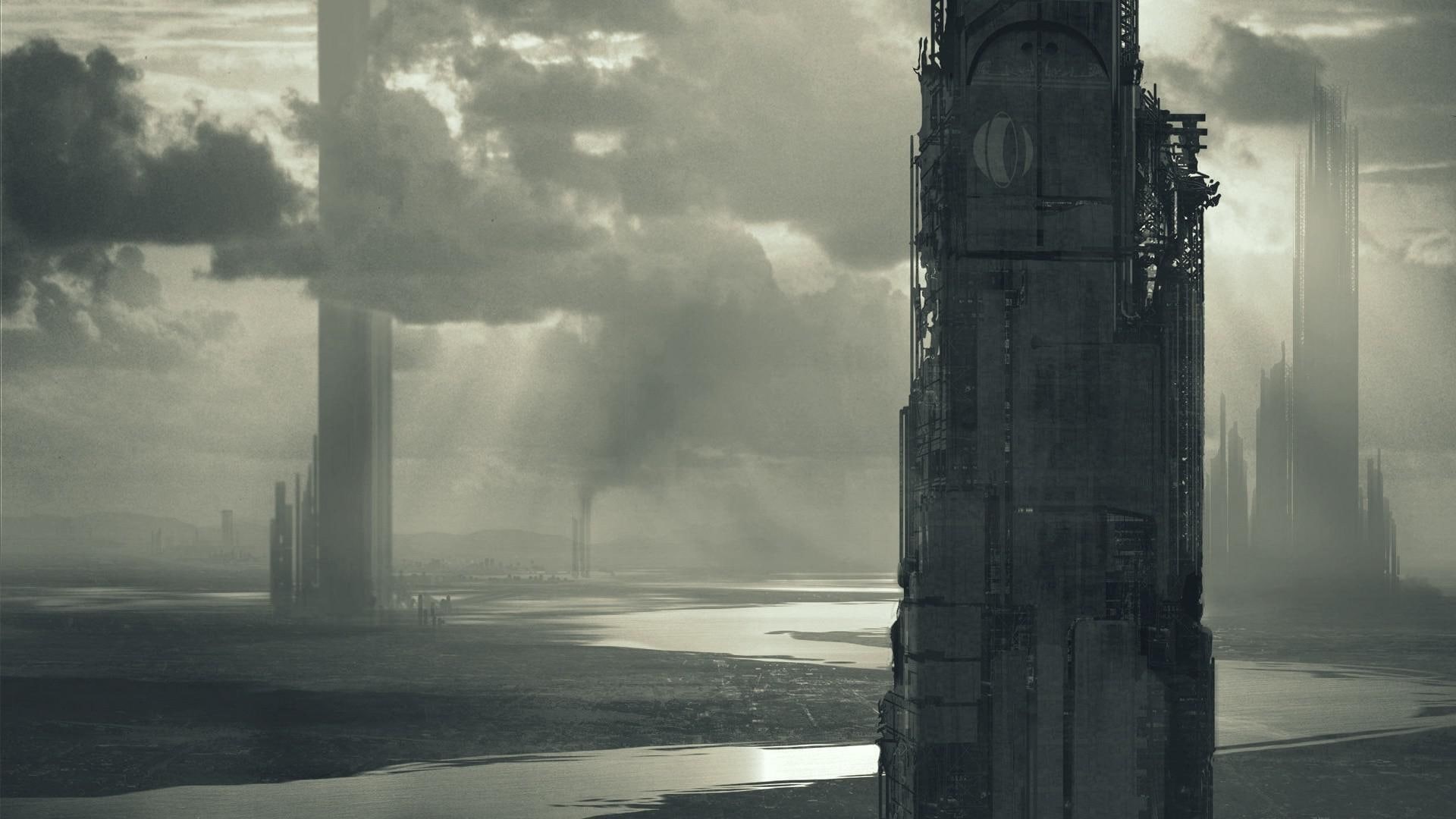 city, concrete, tower, pillar, 1080P, 1920x1080, future, fantasy, towers, HD Wallpaper