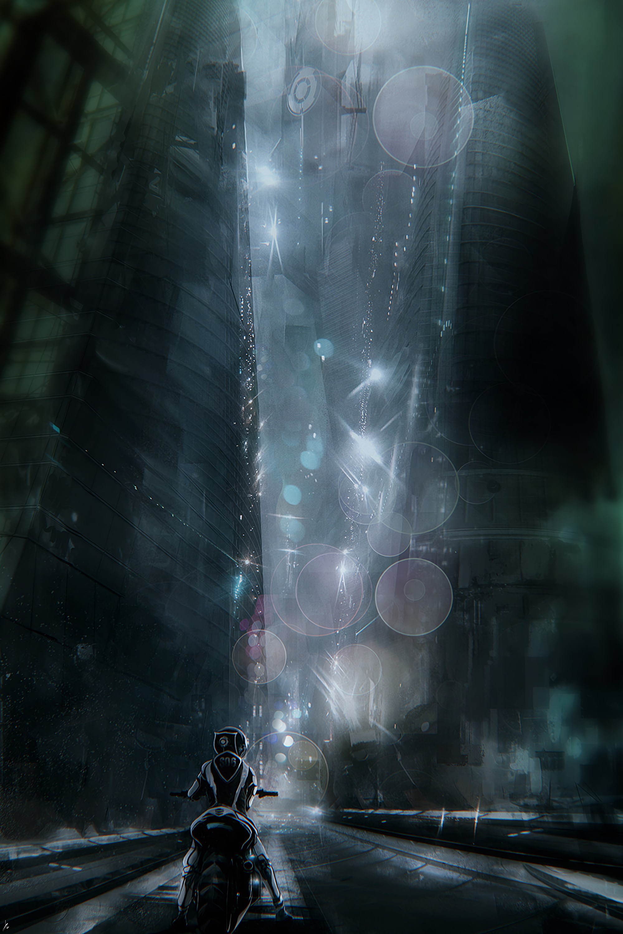 2K, city, cyberpunk, futurism, motorcyclist, Phone HD Wallpaper