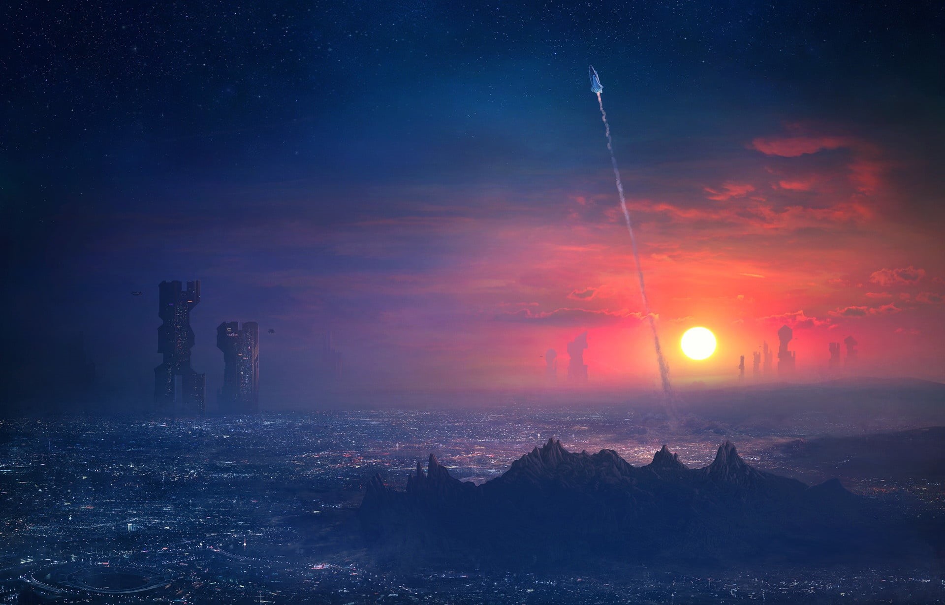 The city, Science Fiction, 1080P, Ship, Rocket, Future, Environments, Spaceship, The sky, Trail, Sunset, Start, The sun, Barcelona Smoke and Neons: Montserrat, HD Wallpaper