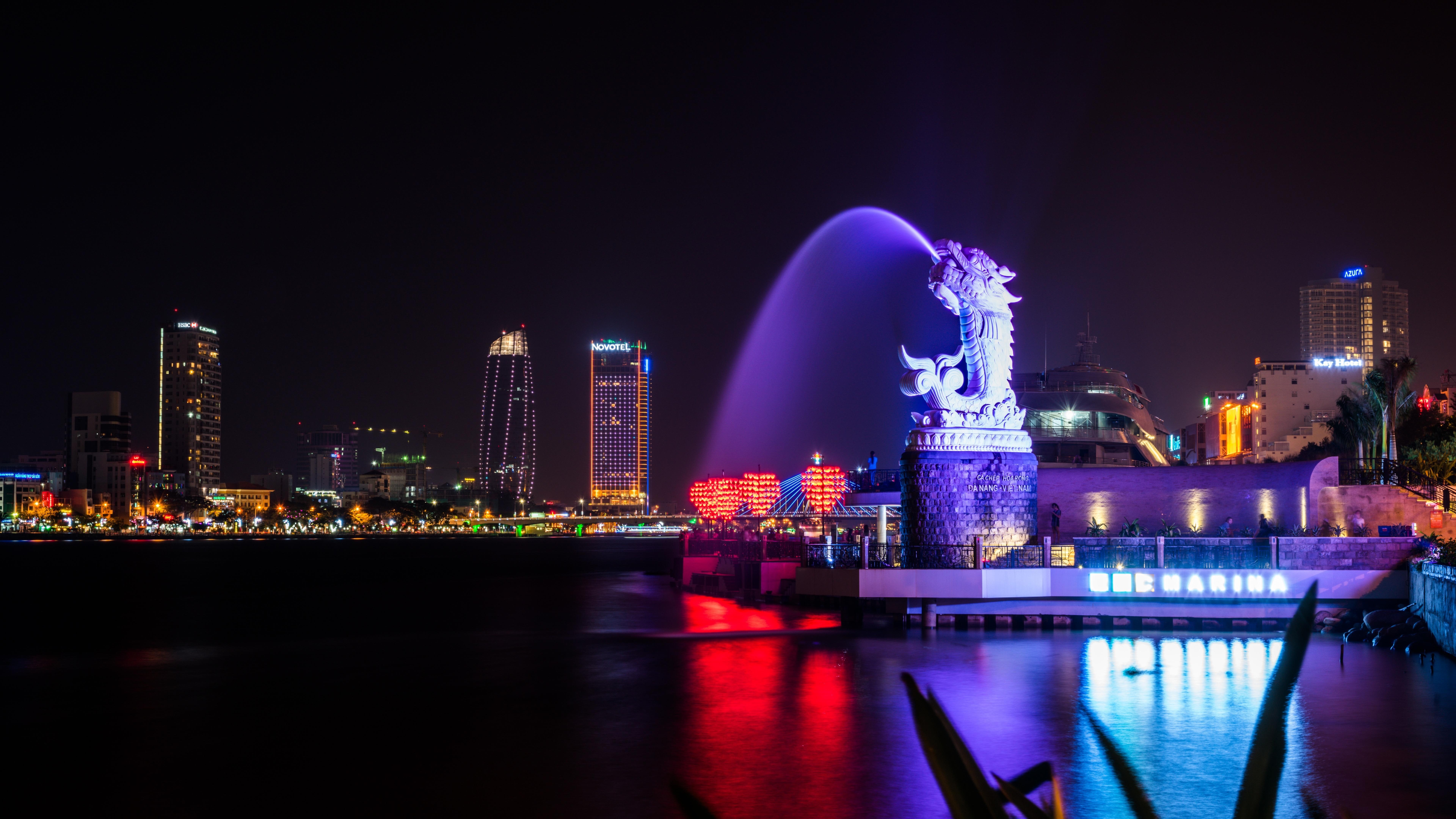 asia, da nang, night, 8K, light, architecture, long-exposure photography, urban, 8k, vietnam, metropolitan, han river, art, dragon statue, fountain, skyline, HD Wallpaper