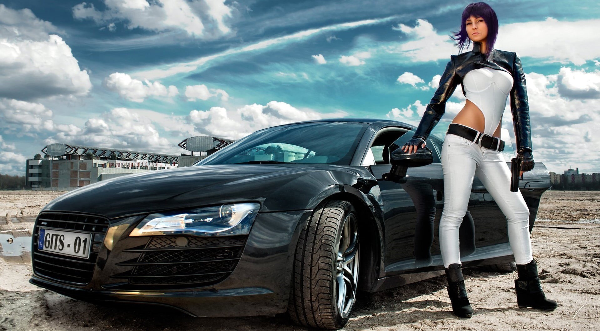 beautiful woman, full length, motor vehicle, coupe, women, sky, fashion, young adult, casual clothing, cloud - sky, r, lifestyles, black, Ghost in the Shell, HD Wallpaper