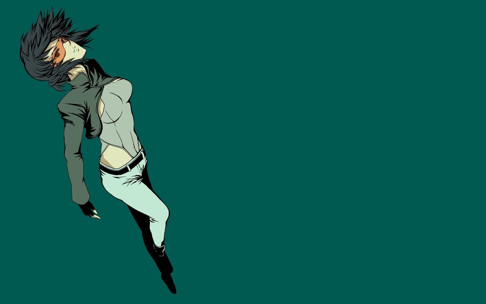 character, animated, Kusanagi Motoko, green, digital composite, side view, young women, anime girls, mid-air, indoors, Ghost in the Shell, copy space, HD Wallpaper