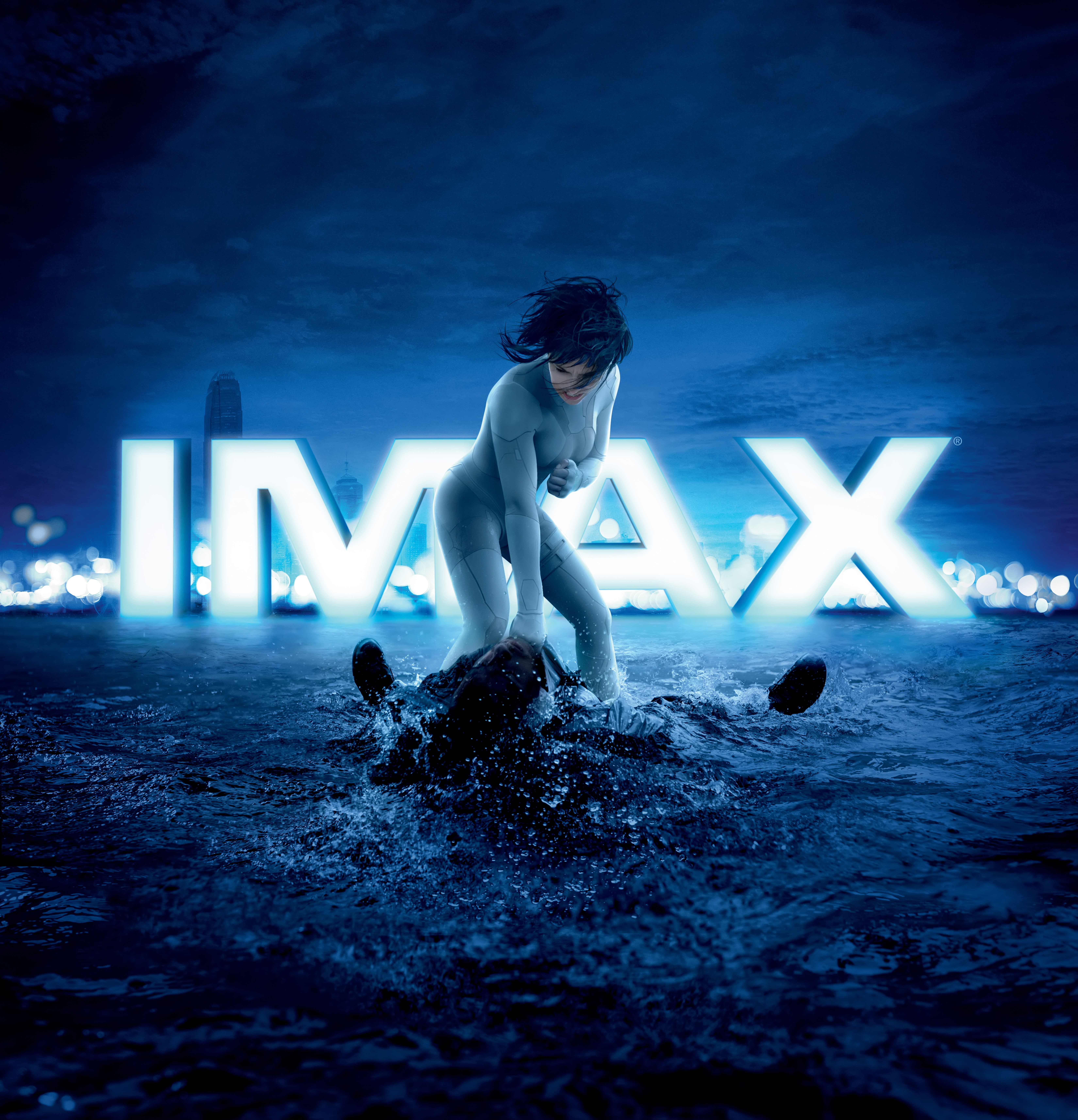 Scarlett Johansson, real people, night, blue, women, cold temperature, outdoors, 5K, IMAX, one person, water, digital composite, winter, Ghost in the Shell, Phone HD Wallpaper