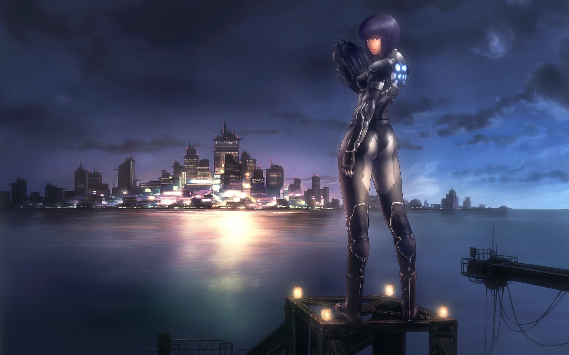 Ghost in the Shell, looking back, character, nature, city, 1080P, anime, haired, illuminated, purple, human representation, cityscape, water, architecture, HD Wallpaper