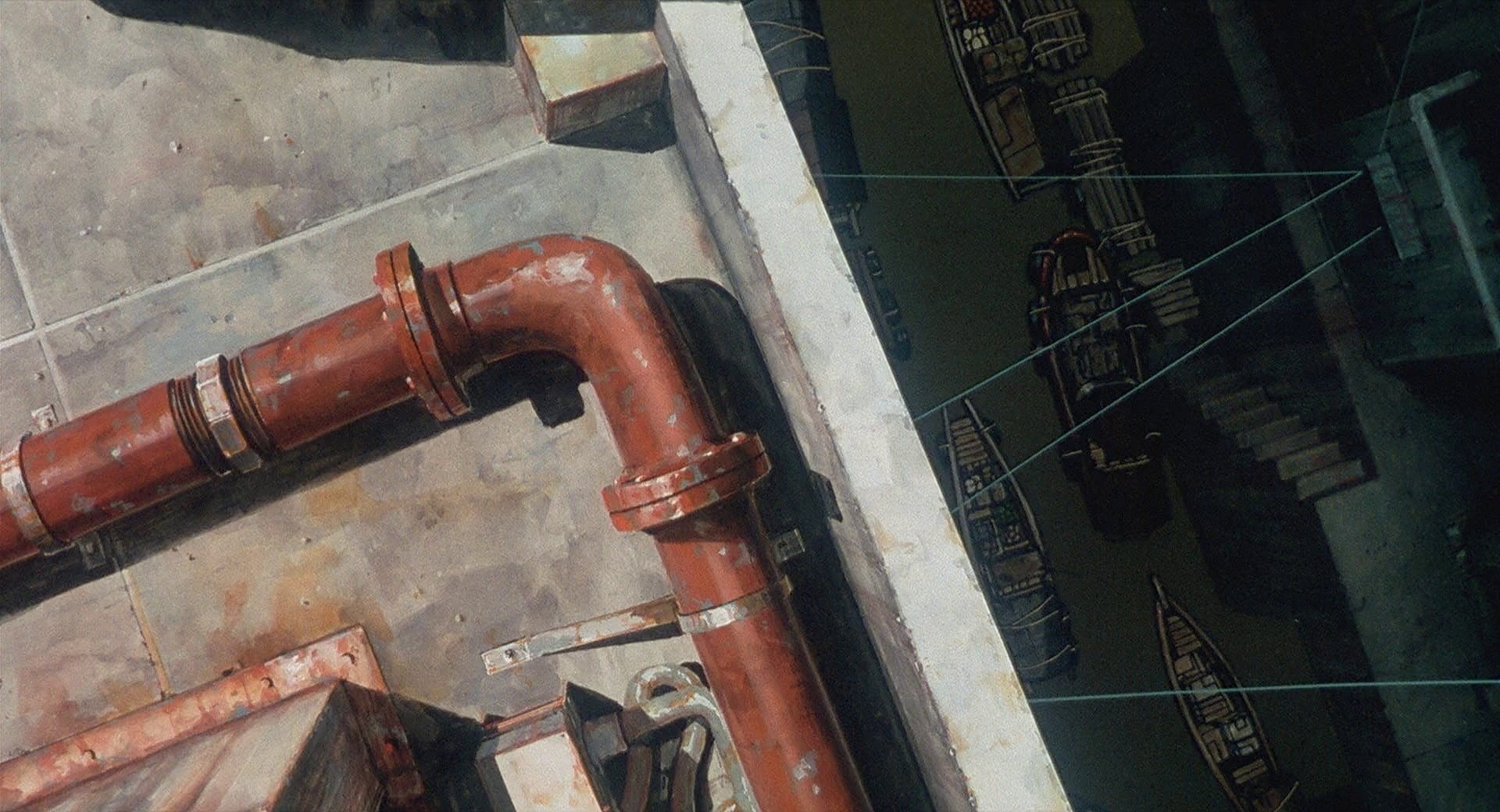 day, rooftop, red, concrete, indoors, architecture, building, Ghost in the Shell, fuel and power generation, wall - building feature, anime, canal, high angle view, HD Wallpaper