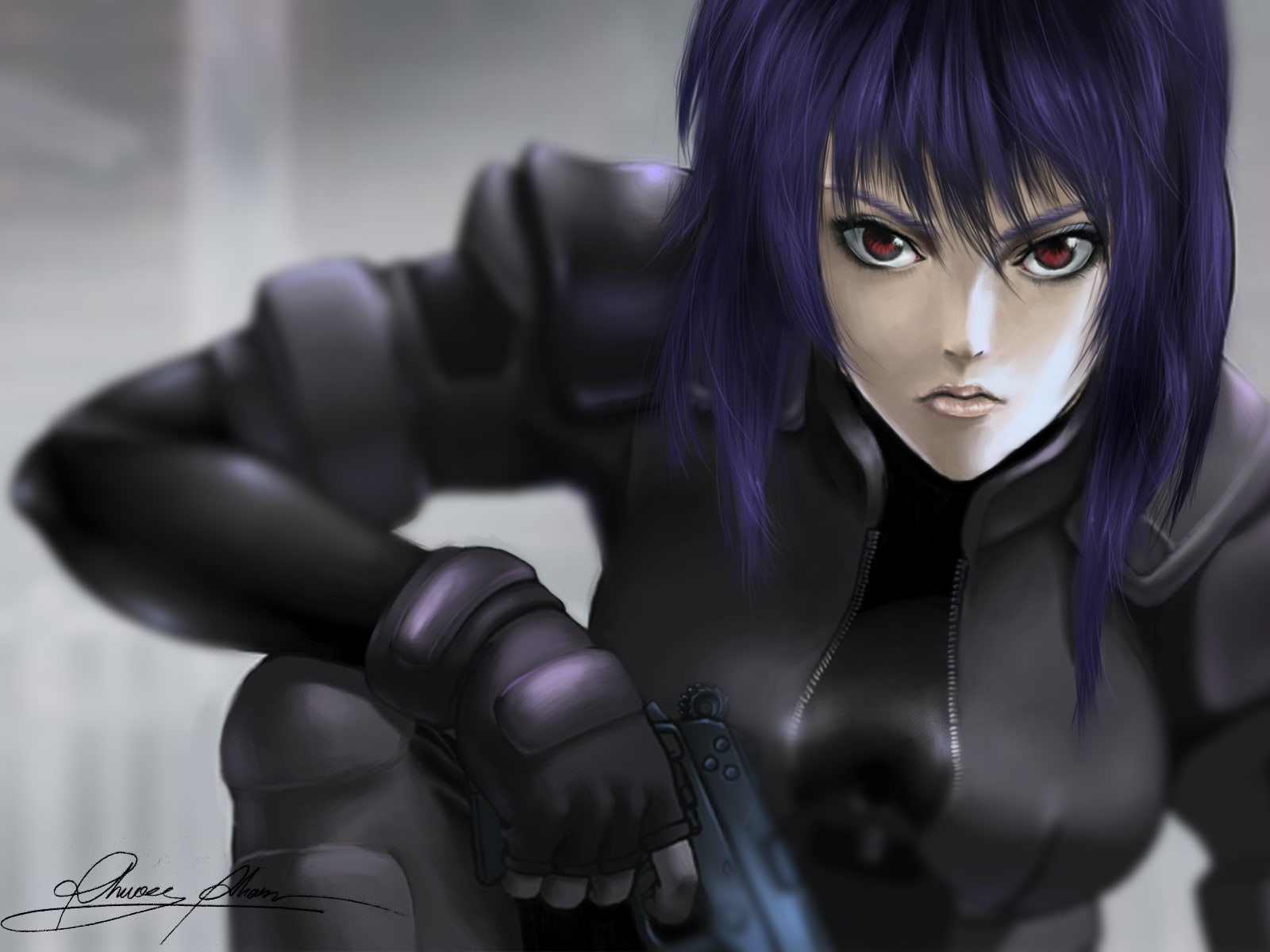 beauty, young adult, weapon, hairstyle, human representation, looking at camera, focus on foreground, black color, Kusanagi Motoko, bangs, young women, HD Wallpaper