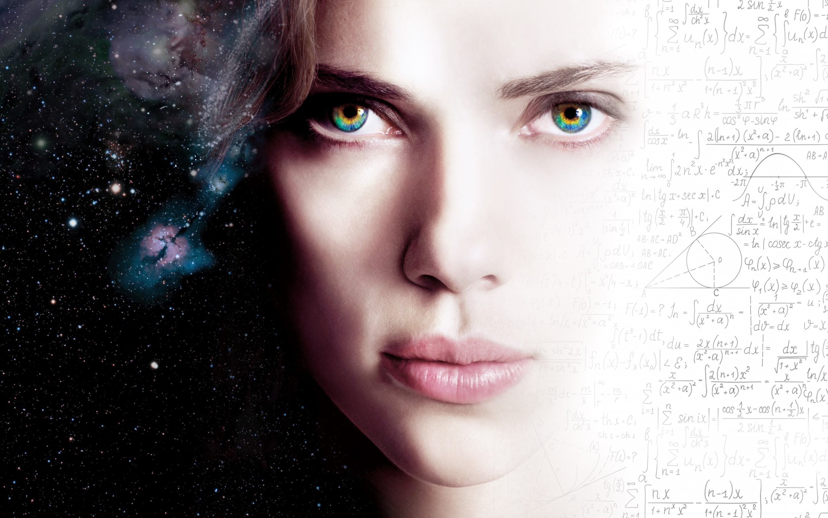 sci-fi, space, scarlett, HD, Lips, 2K, johansson, face, pretty, Symbols, Movie, Thriller, Action, Formulas, fantasy, Lucy, Galacy, 2014, nice, abstraction, HD Wallpaper