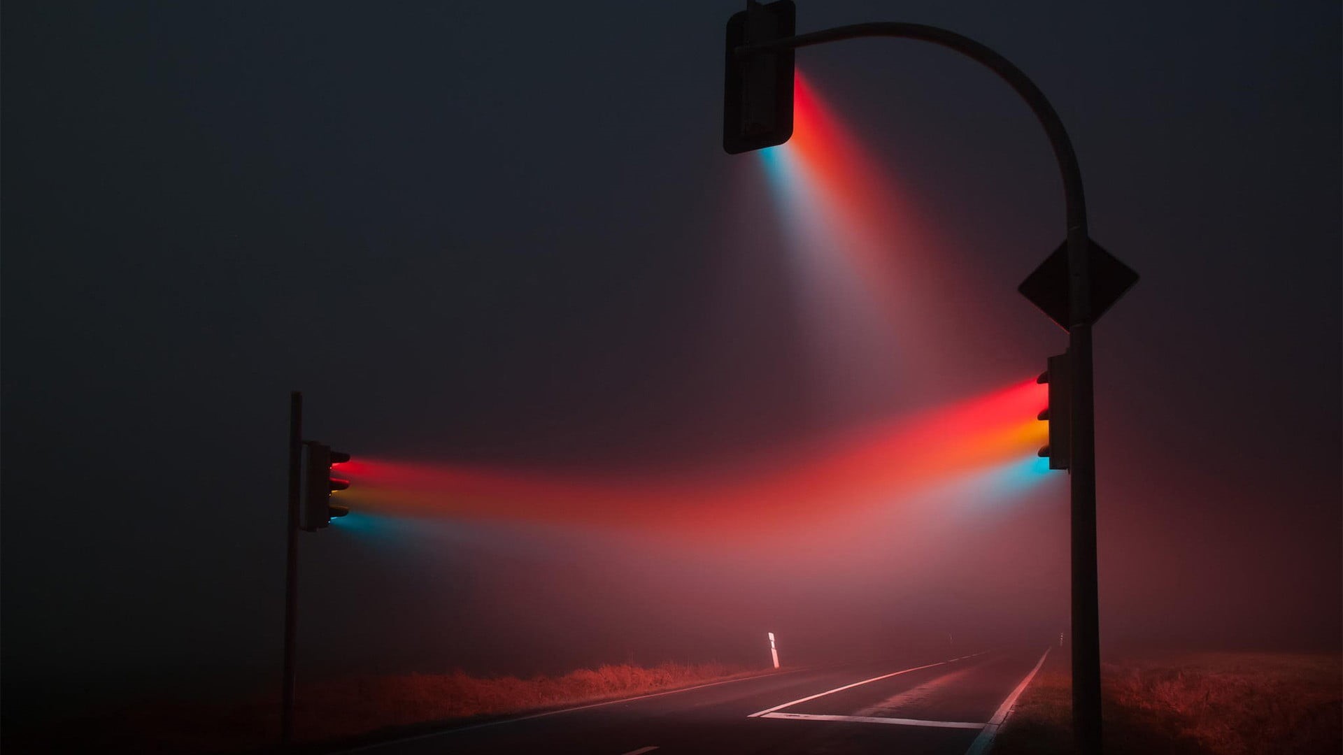 electric Lamp, symbol, transportation, sky, street, nature, mist, photography, illuminated, blue, red, photo manipulation, street Light, spot Lit, sign, HD Wallpaper