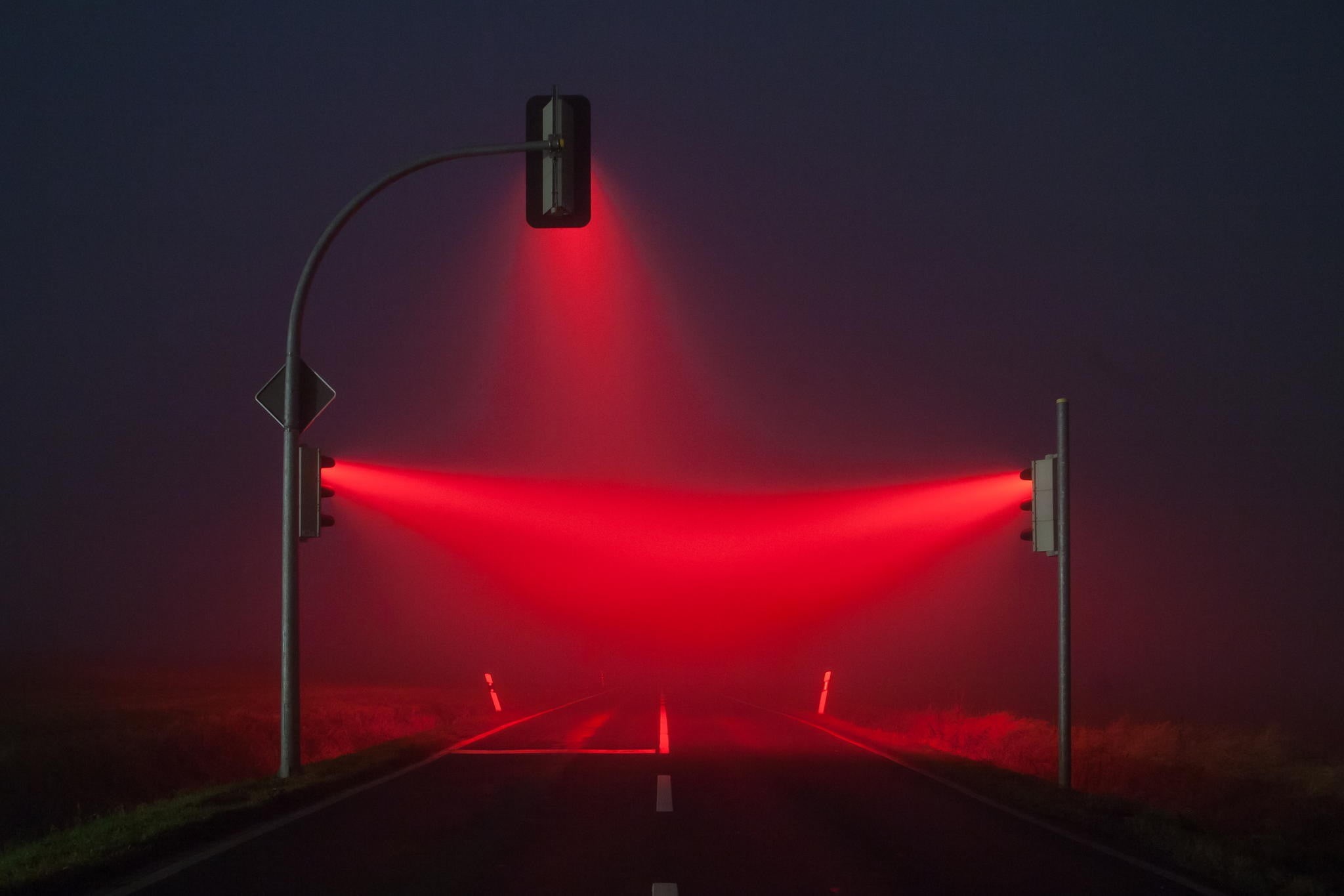 1080P, mist, blue, traffic, gray, electric lamp, warning sign, nature, sign, transportation, lights, red, lighting equipment, technology, traffic lights, HD Wallpaper