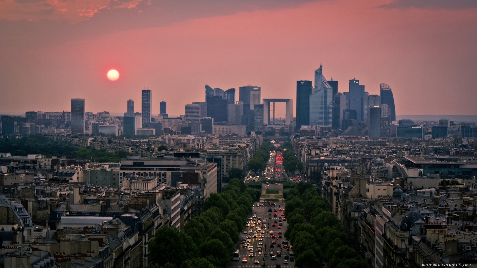 traffic, skyscraper, tall - high, sunset, building, city, nature, financial district, Paris, gray, travel destinations, office building exterior, red, buildings, HD Wallpaper