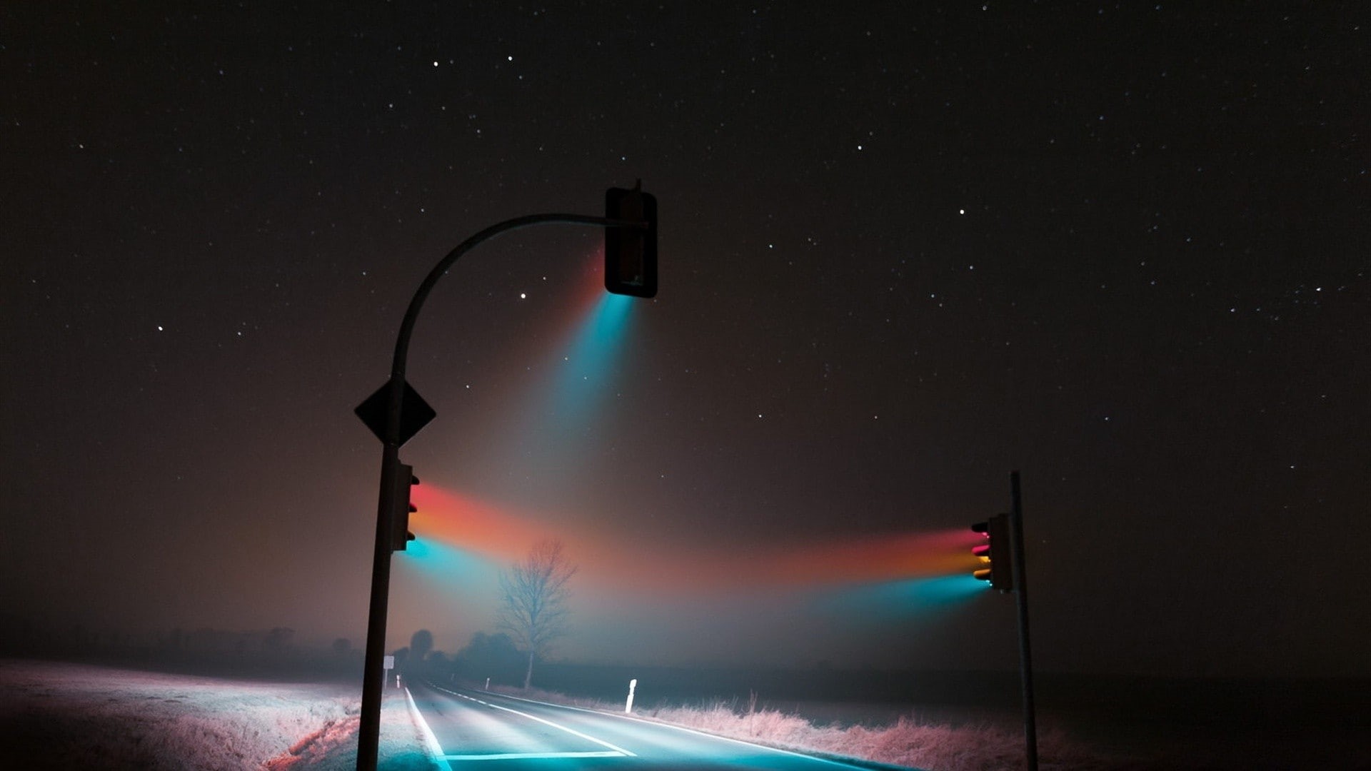 Lucas Zimmermann, traffic lights, 1080P, photography, stars, night, HD Wallpaper
