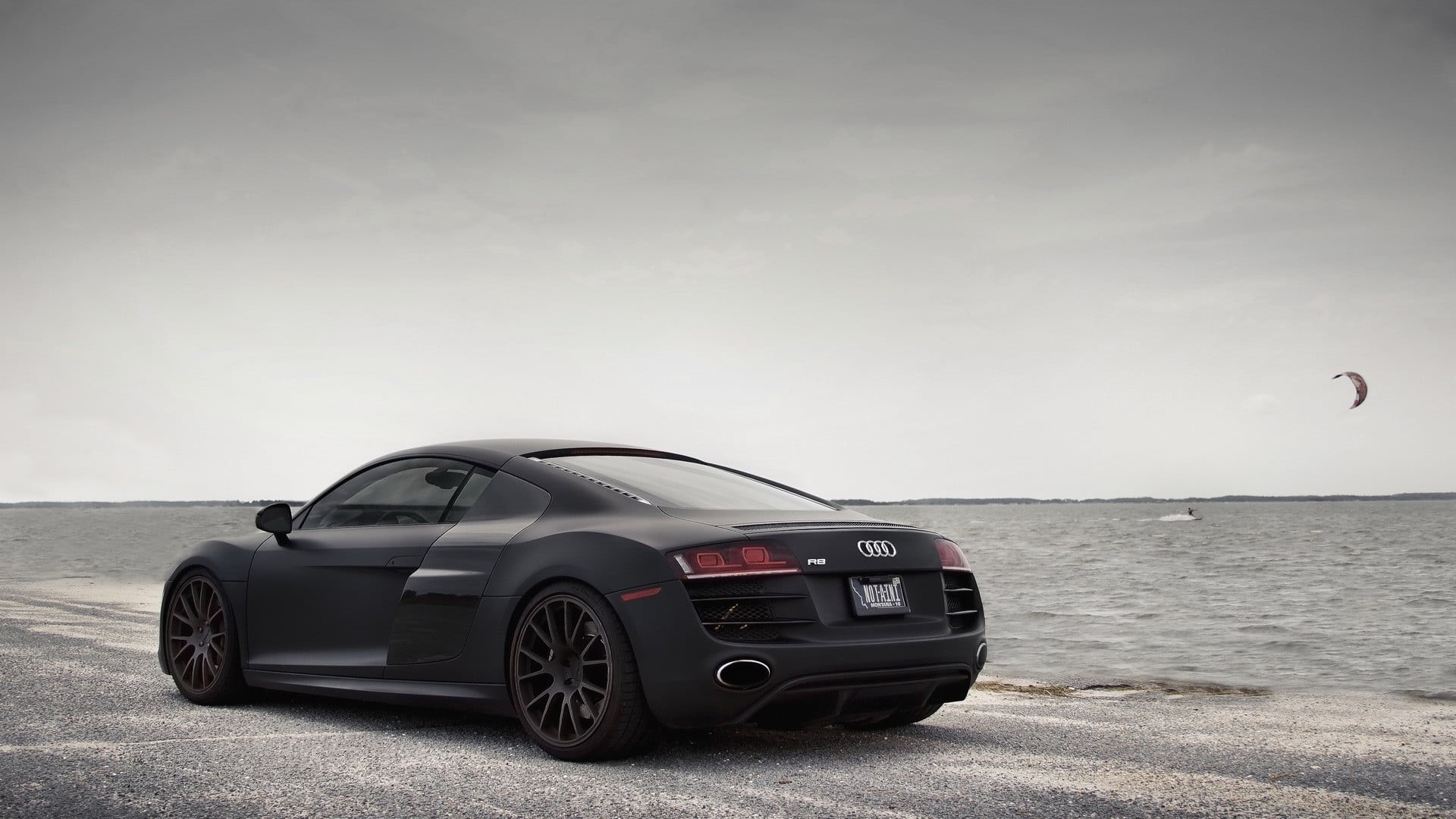 car, land vehicle, horizon over water, travel, land, beauty in nature, copy space, horizon, black, outdoors, scenics - nature, sky, Audi R8, no people, HD Wallpaper