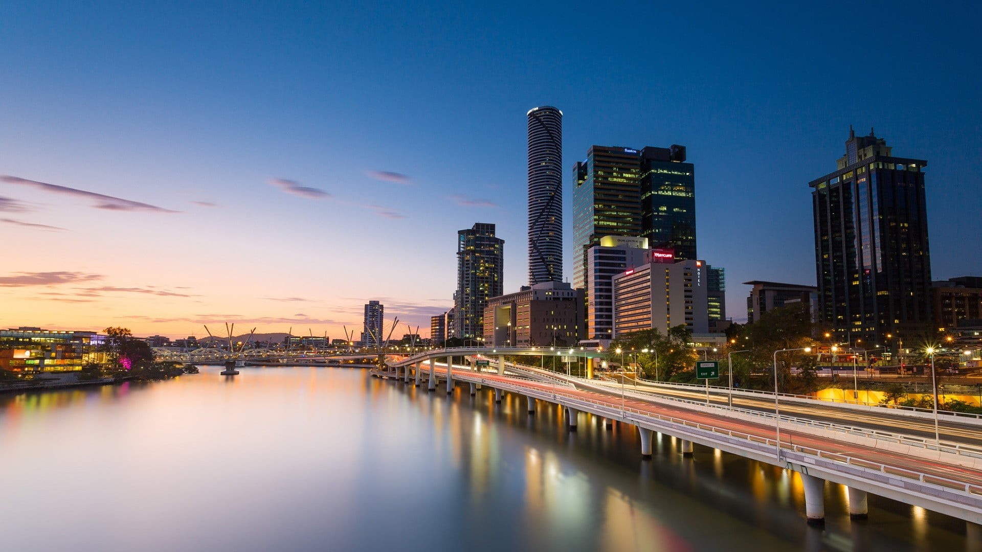 city, skyscraper, financial district, night, bridge - man made structure, modern, 1080P, office building exterior, waterfront, reflection, bridge, Brisbane, HD Wallpaper
