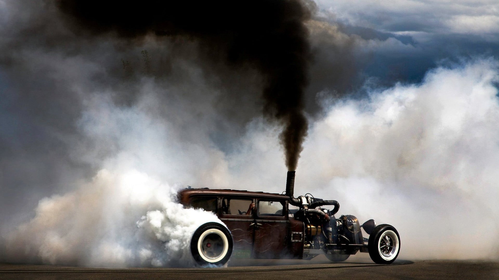 day, sky, dust, one person, land vehicle, sport, coupe, Rat Rod, car, Burnout, mode of transportation, nature, outdoors, driving, black, side view, smoke - physical structure, HD Wallpaper