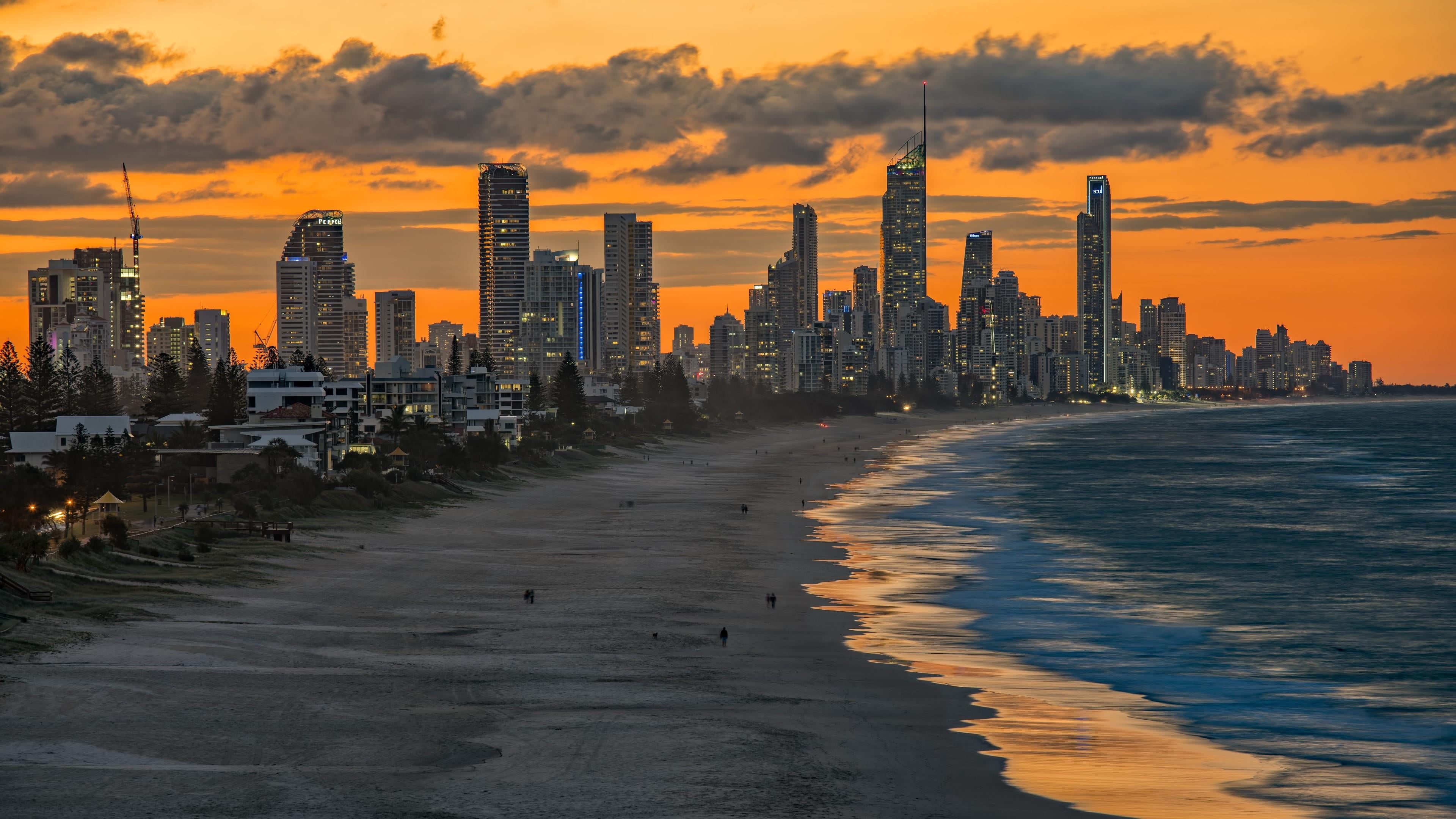 skyscraper, waterfront, outdoors, ocean, water, architecture, evening, modern, cloud - sky, skyline, australia, sunset, building, orange color, shore, tall - high, HD Wallpaper