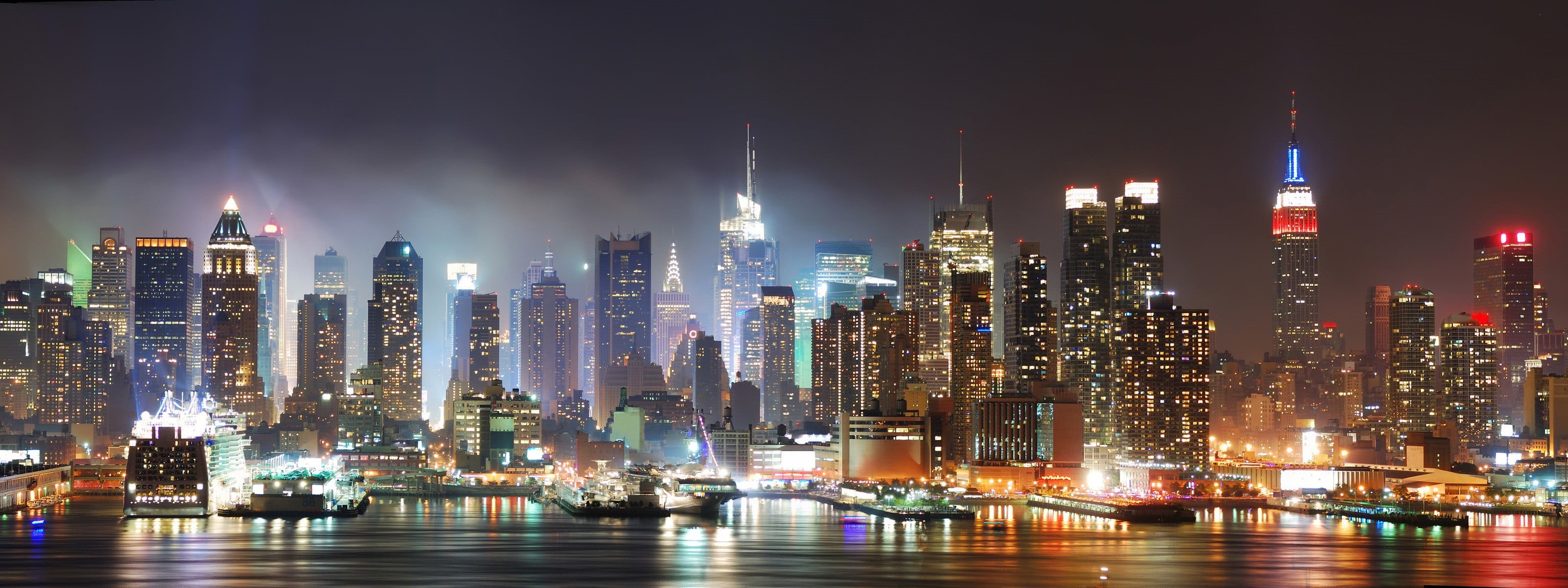 architecture, cityscape, illuminated, urban skyline, 2K, office building exterior, New York City, downtown district, modern, Manhattan, city lights, night, HD Wallpaper
