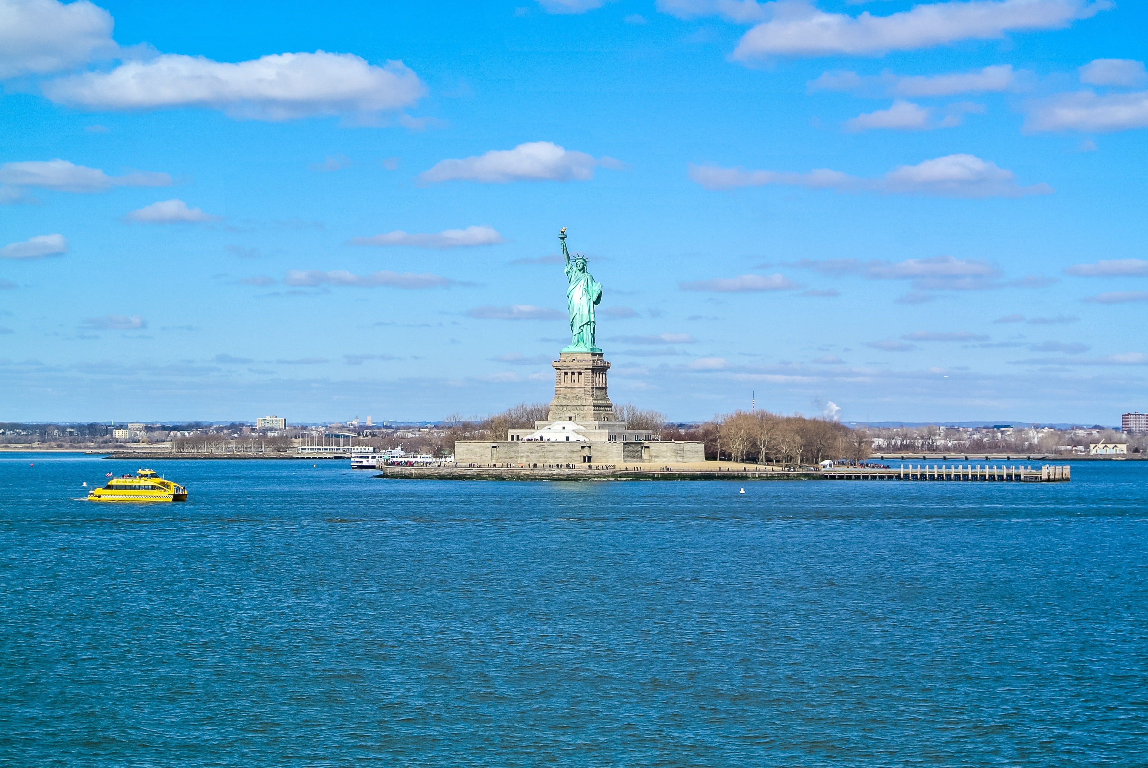 outdoors, cities, liberty, female likeness, manhattan, no people, the past, new-york, waterfront, history, new york, built structure, clouds, blue, travel, HD Wallpaper