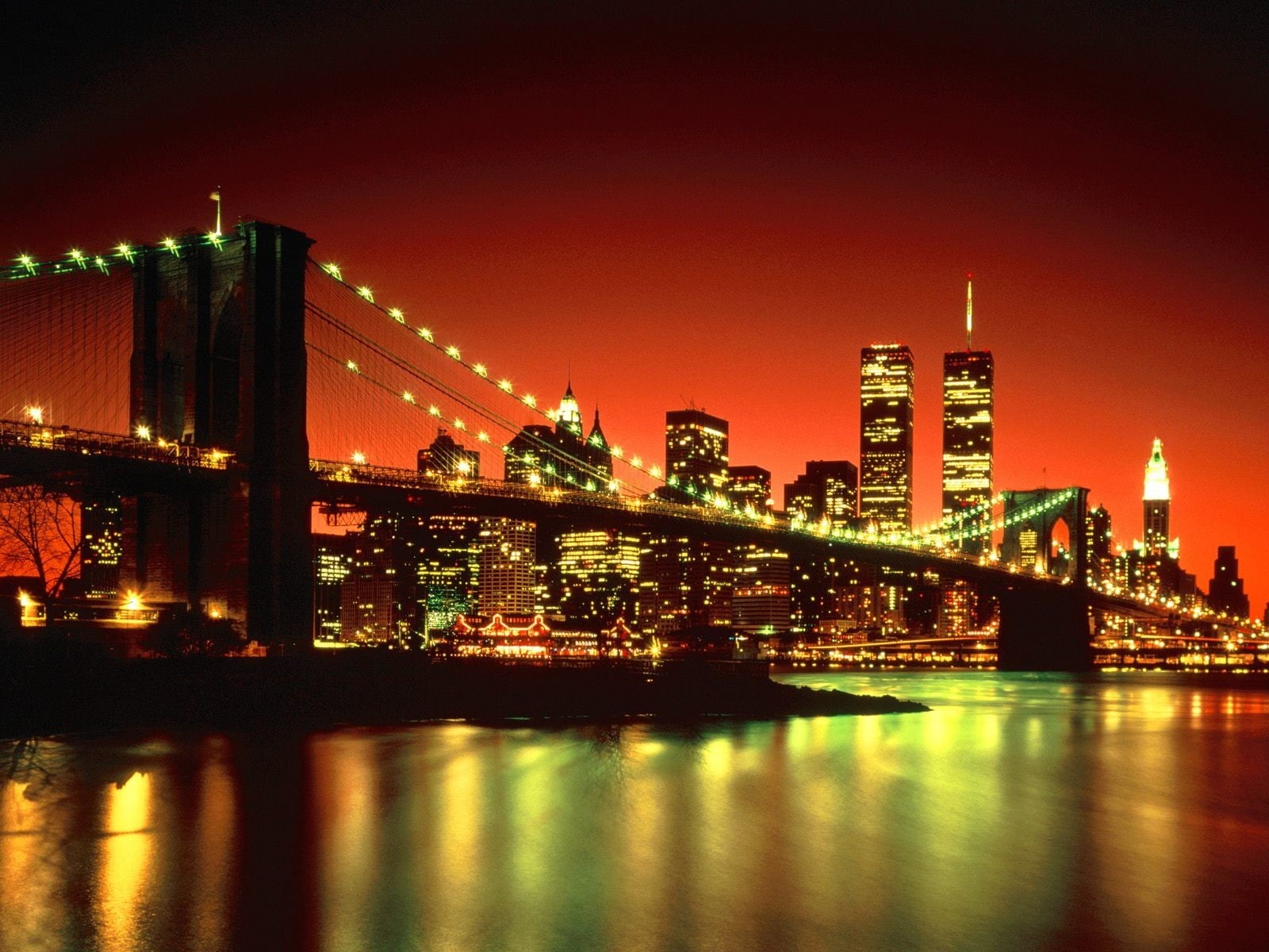 illuminated, bridge - man made structure, New York City, bridge, cityscape, no people, water, Twin Towers, building exterior, travel destinations, connection, HD Wallpaper