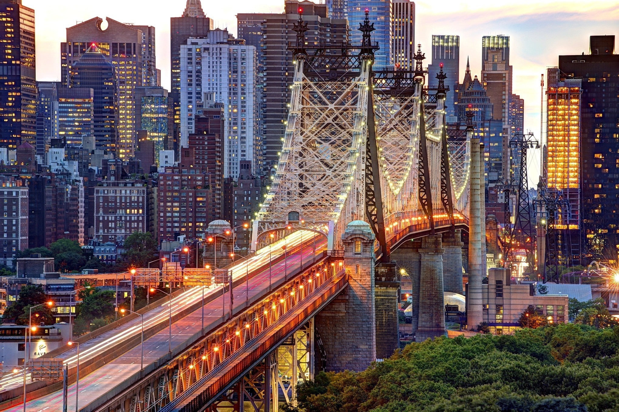 lights, no people, New York City, skyscraper, building, tall - high, bridge, urban skyline, lightning, city, Queensboro Bridge, illuminated, cityscape, HD Wallpaper
