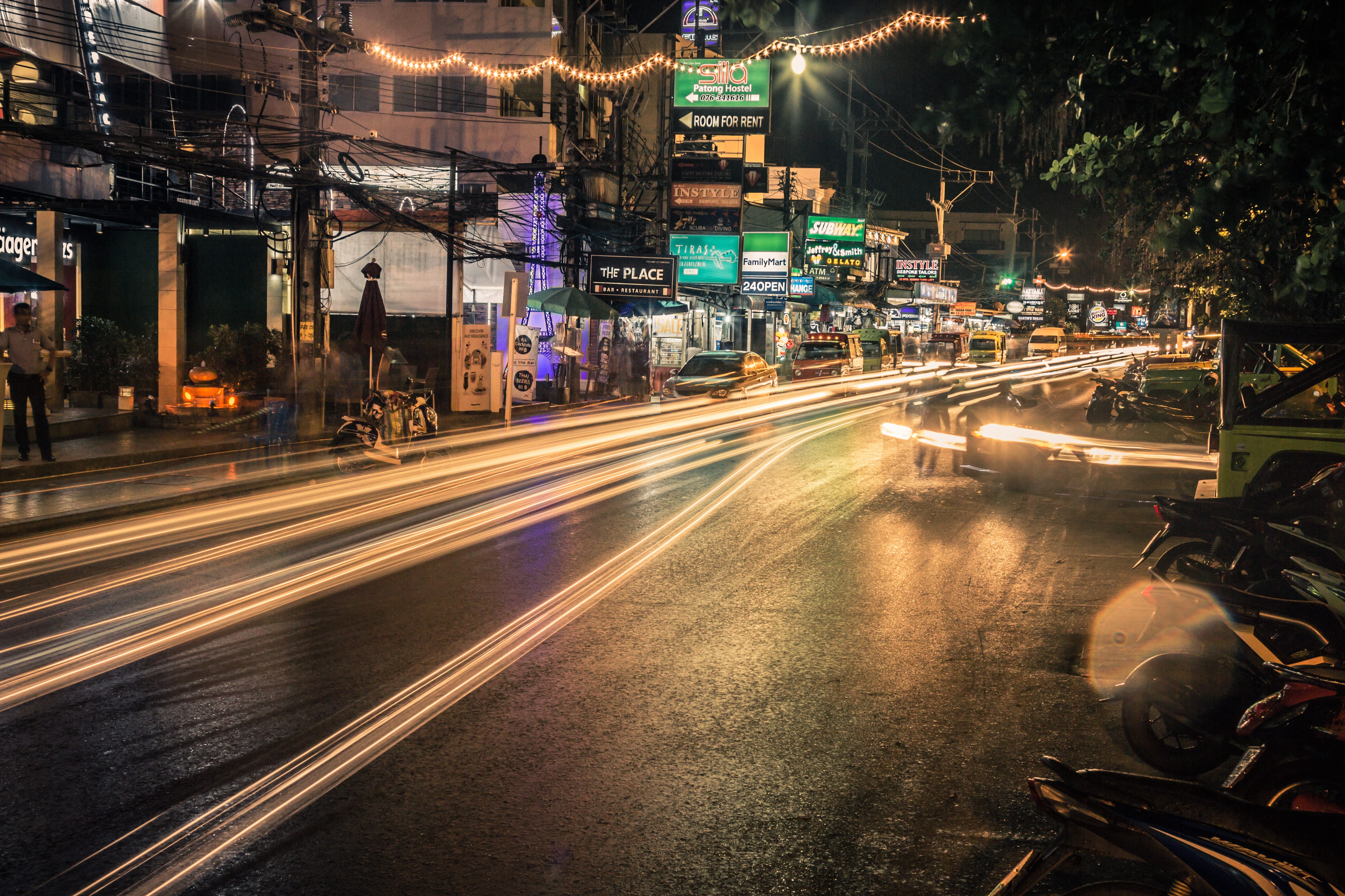 road, blurred motion, city street, streaks, 5K, streets, nightlife, light - natural phenomenon, street, motion, light trail, patong, speed, thailand, night, HD Wallpaper
