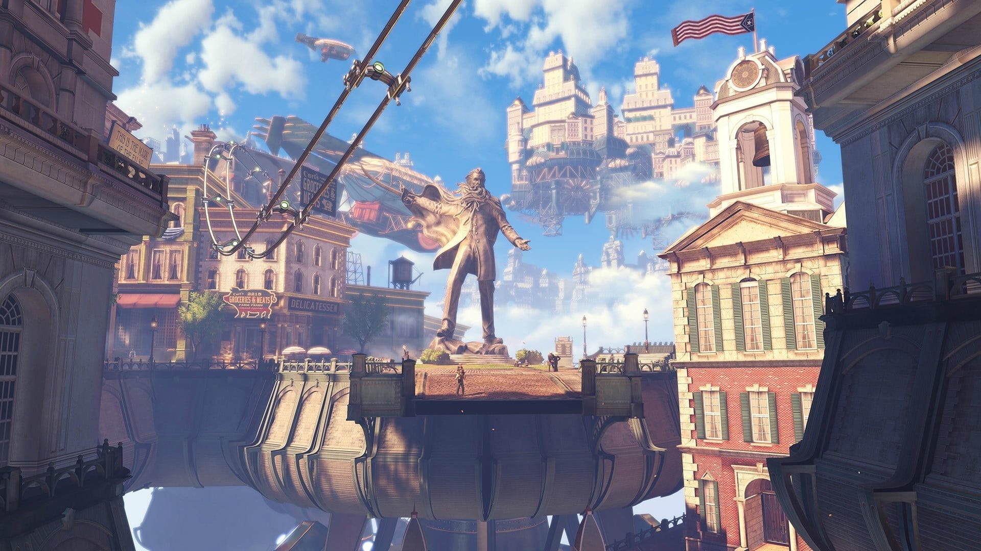 belief, building, outdoors, reflection, representation, city, building exterior, built structure, place of worship, statue, religion, city life, BioShock Infinite, HD Wallpaper