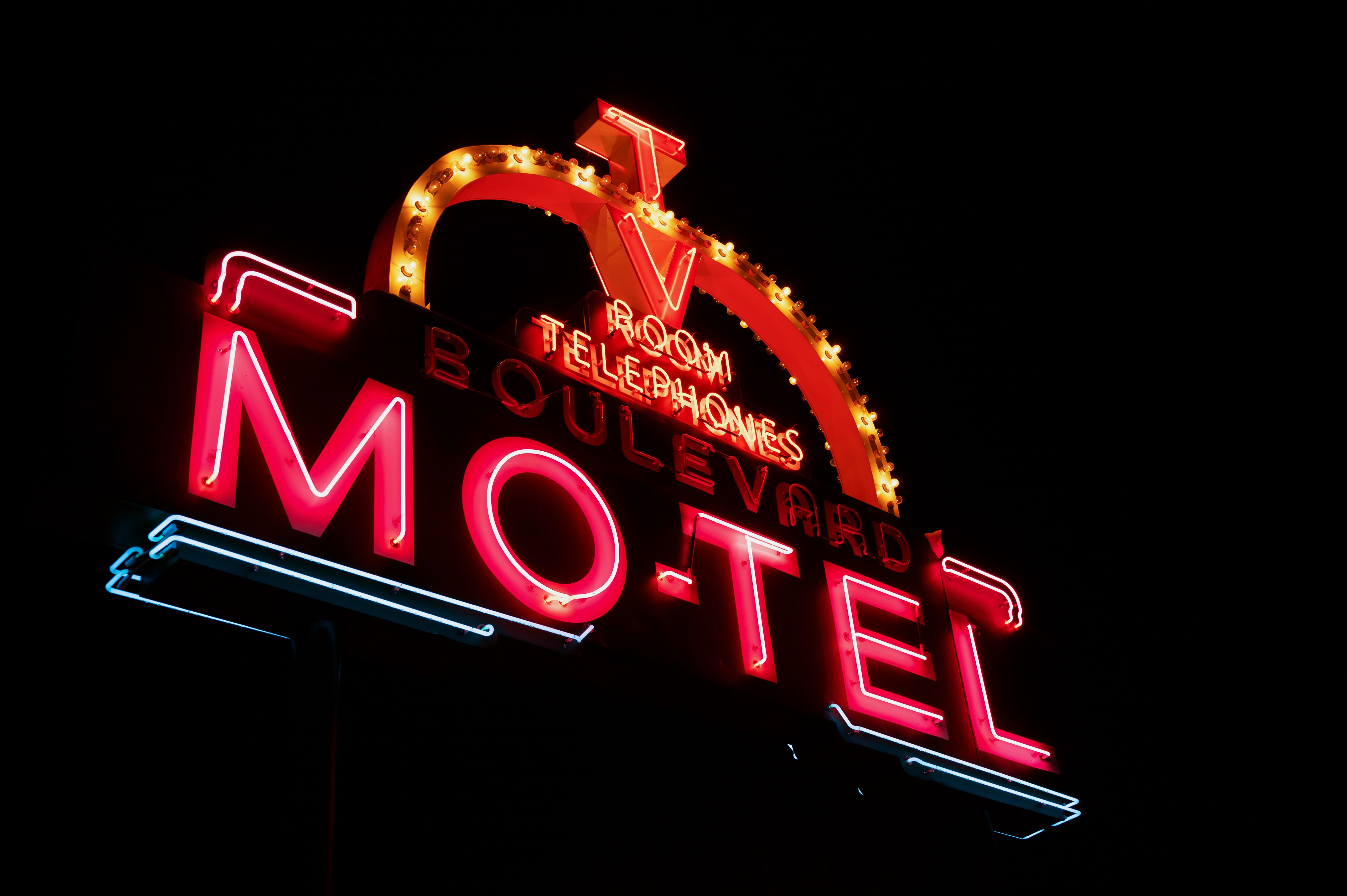 neon lights, orange, low angle view, signalise, information, city, colors, neon, outdoors, red, architecture, dark, no people, lights, night time, motel, HD Wallpaper