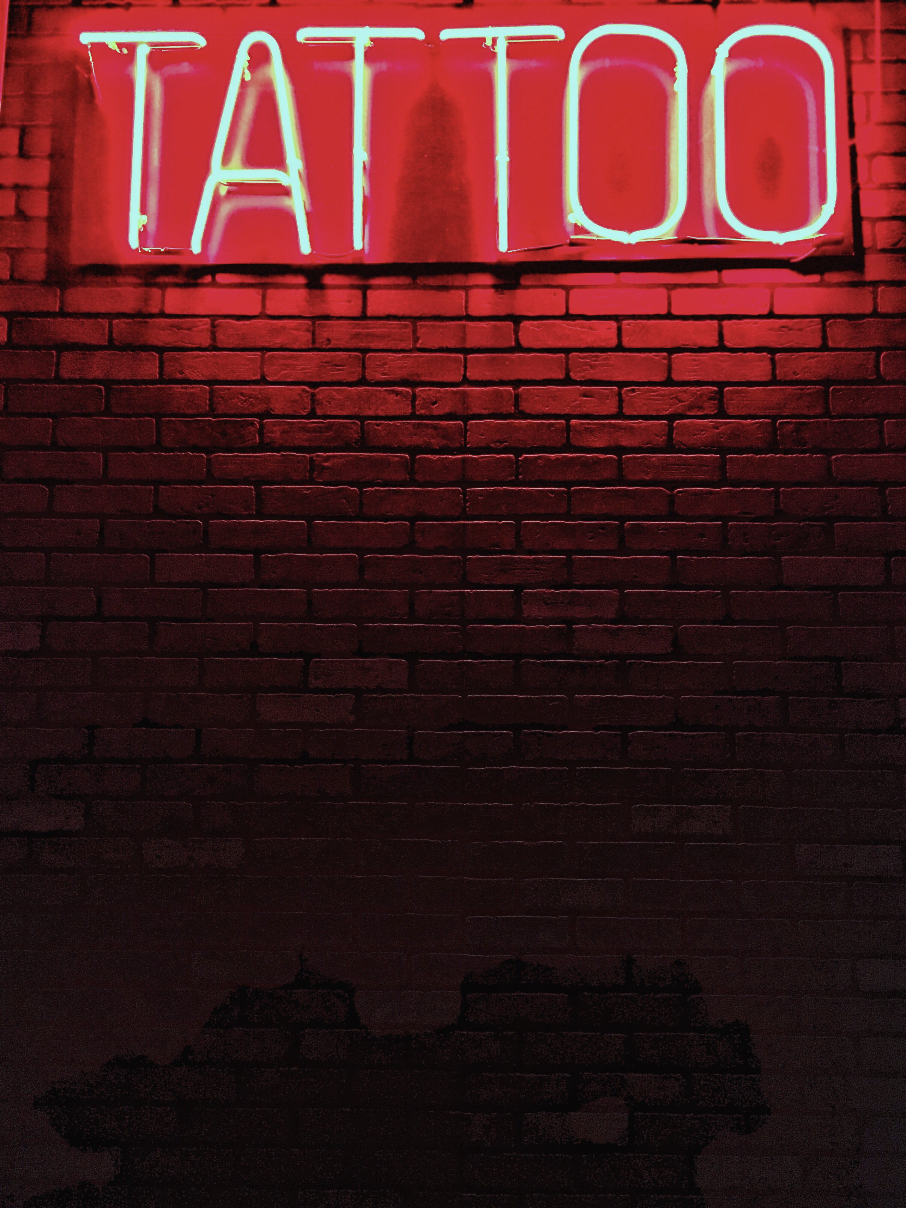 4K, wall, tattoo, lighted, illuminated, neon, red, signage, text, built structure, single word, information, low angle view, wall - building feature, brick wall, Phone HD Wallpaper