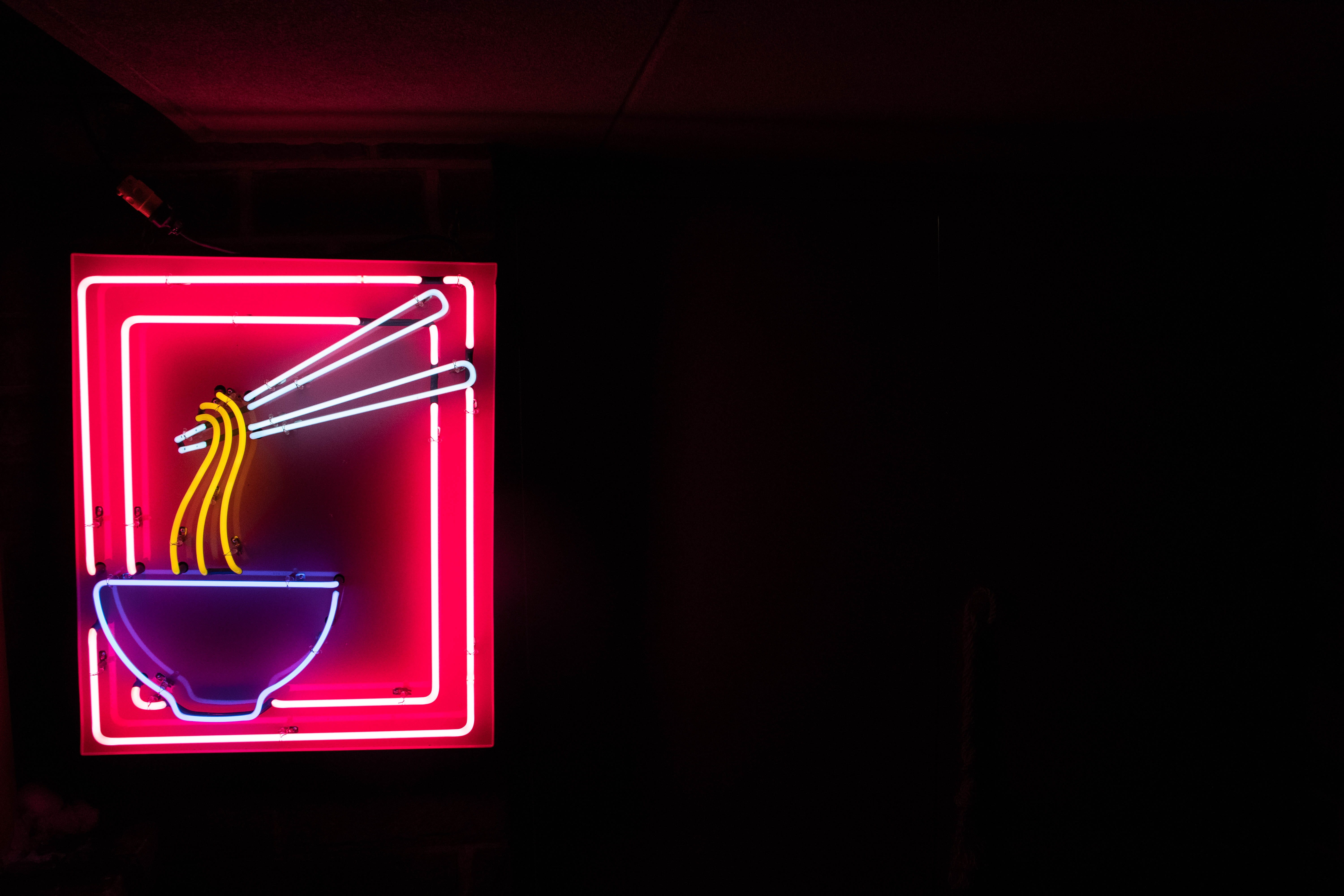 kindergarten, lighting equipment, stage, red, illuminated, motel, inn, noodles, logo, glowing, information sign, food and drink, information, communication, HD Wallpaper