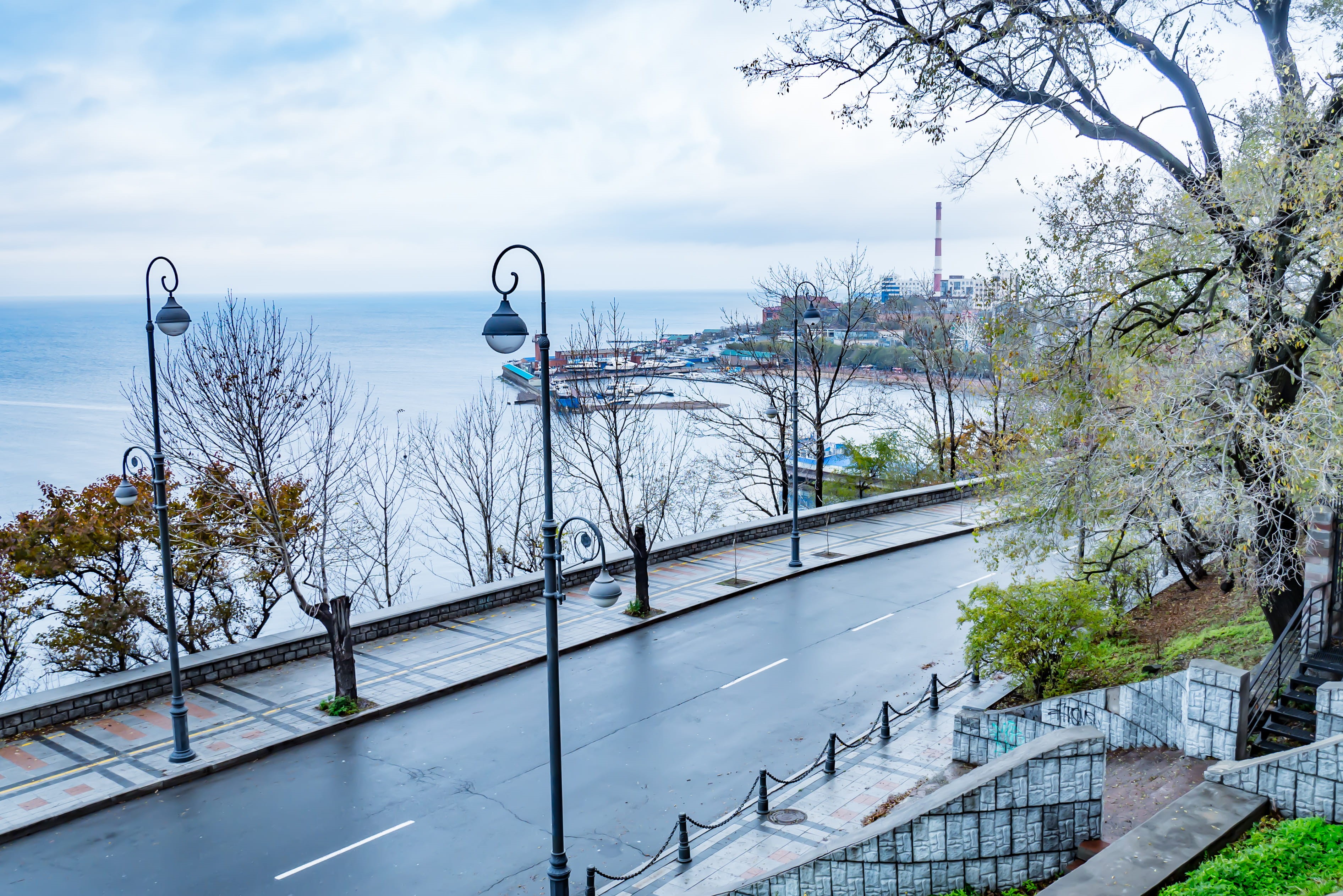nature, architecture, russia, building exterior, asphalt, water, road, pedestrian, city, outdoors, bridge, path, vladivostok, lamp post, built structure, HD Wallpaper