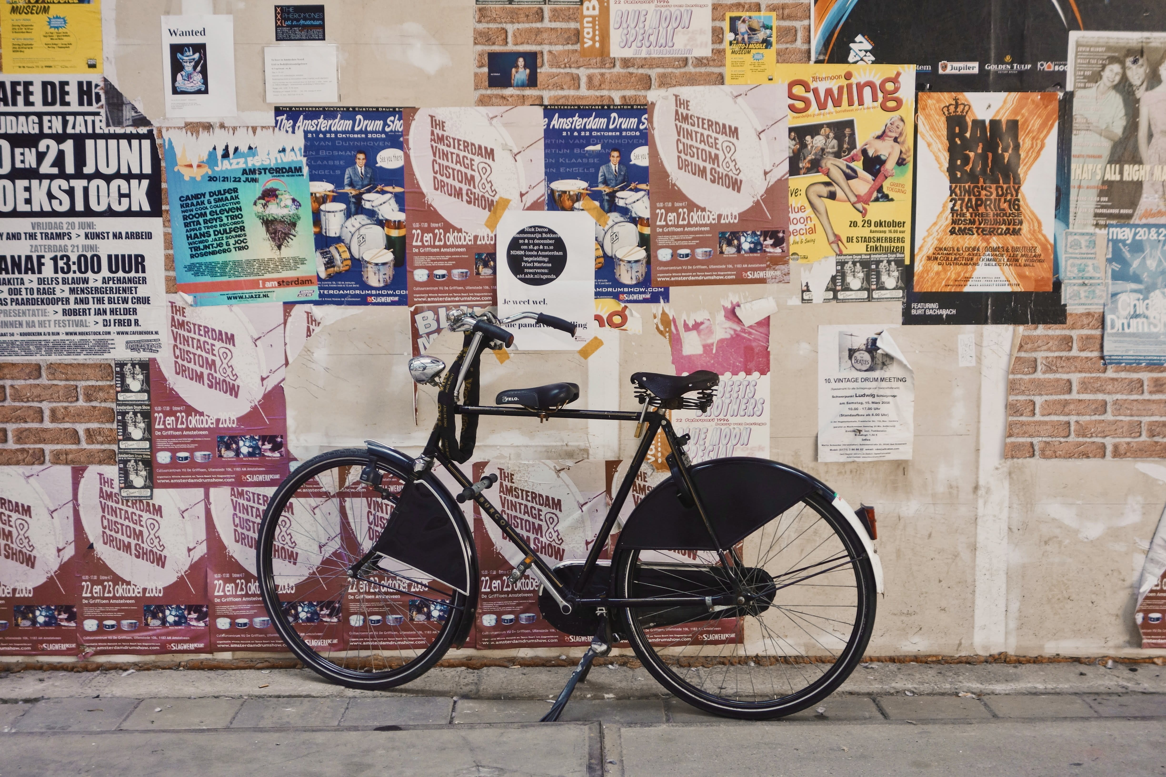 poster, bike, post, stationary, built structure, amsterdam, building exterior, outdoors, no people, 4K, text, ad, brick wall, collage, flyer, ndsm, city, HD Wallpaper