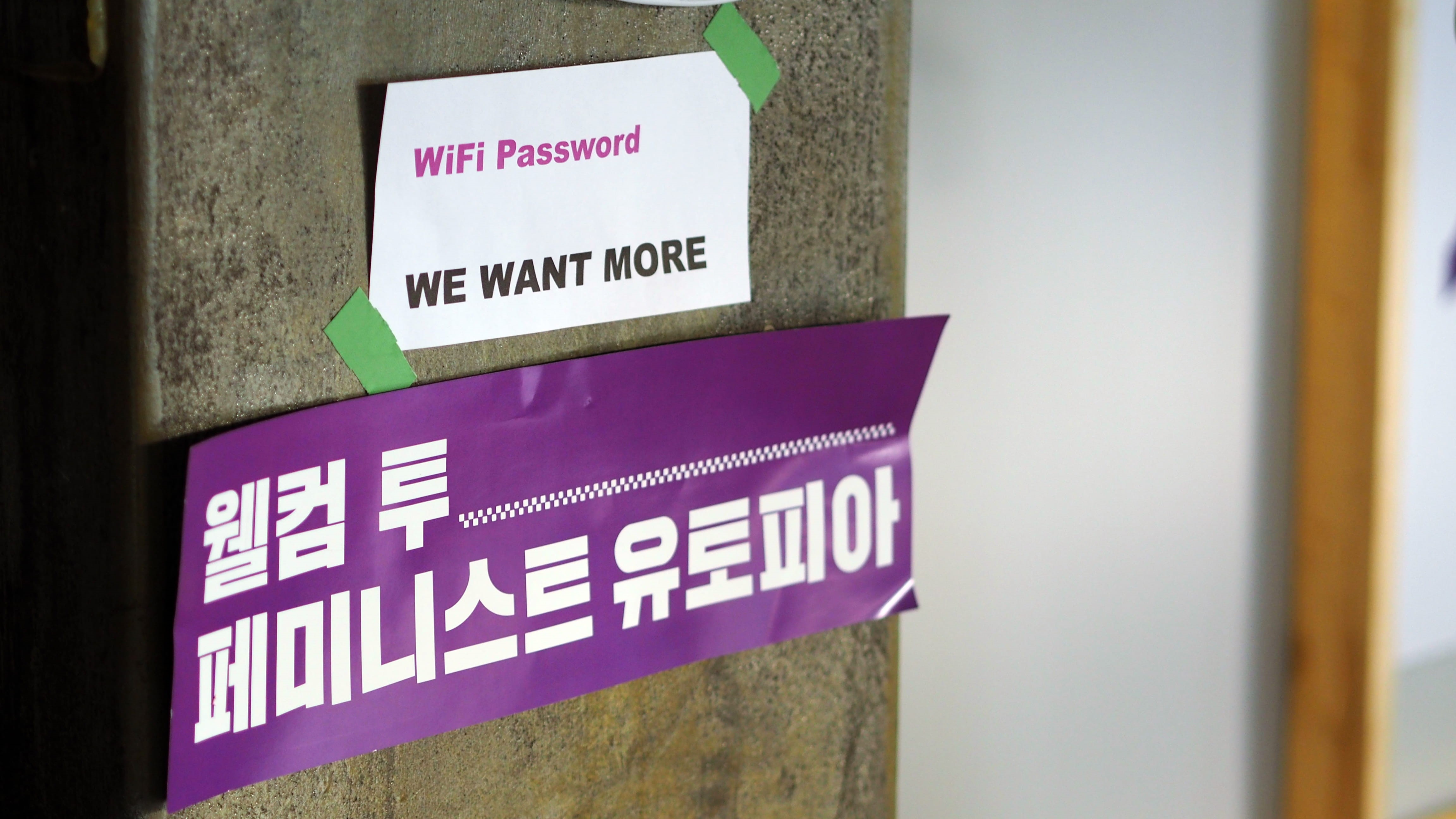 banner, indoors, day, sticker, pink color, white, hanging, word, feminist, advertisement, brochure, wall - building feature, information sign, no people, HD Wallpaper