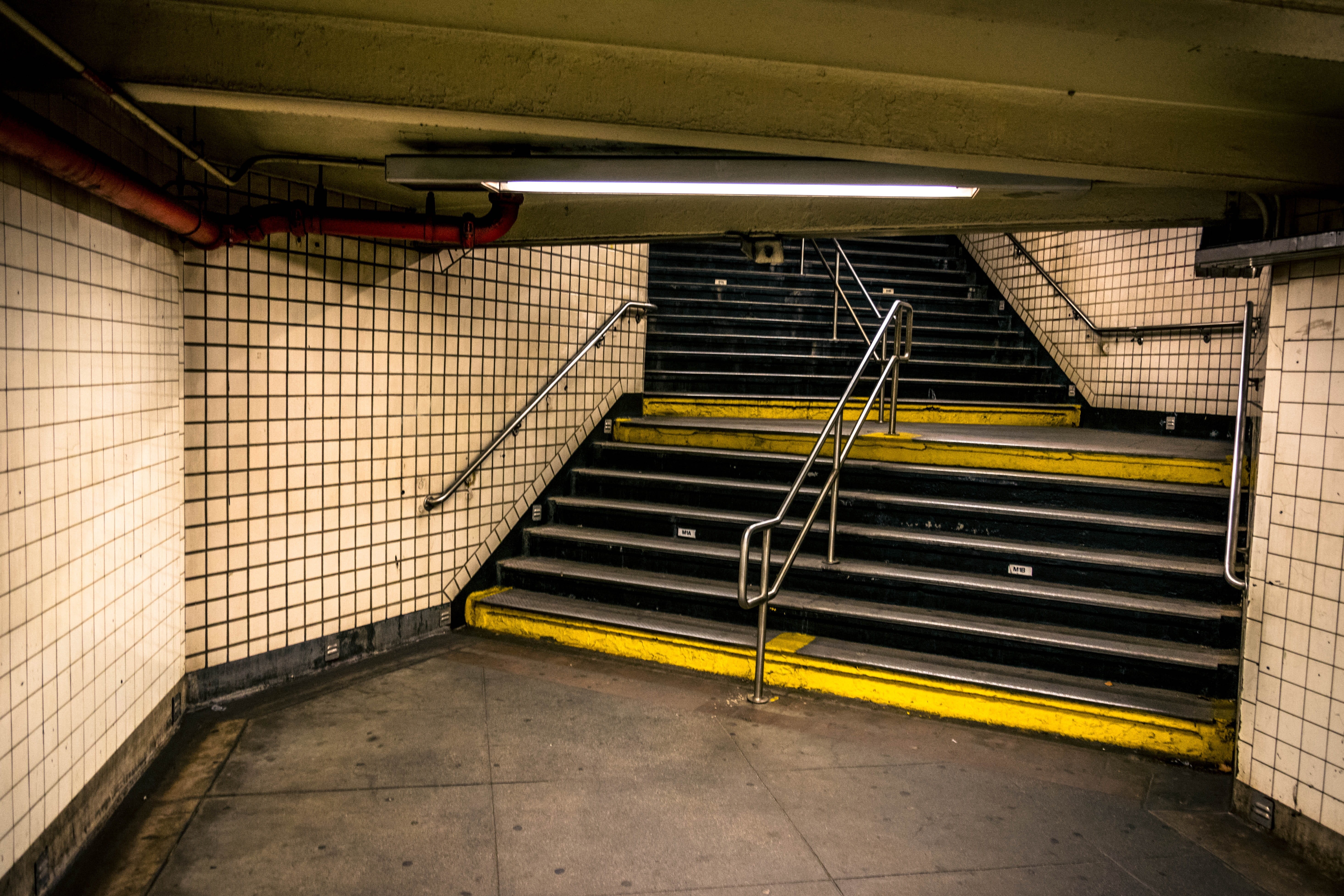 indoors, manhattan, usa, stairs, tile, stair, metal, street, built structure, america, 5K, no people, dirty, yellow, exit, black, absence, train, tiles, HD Wallpaper