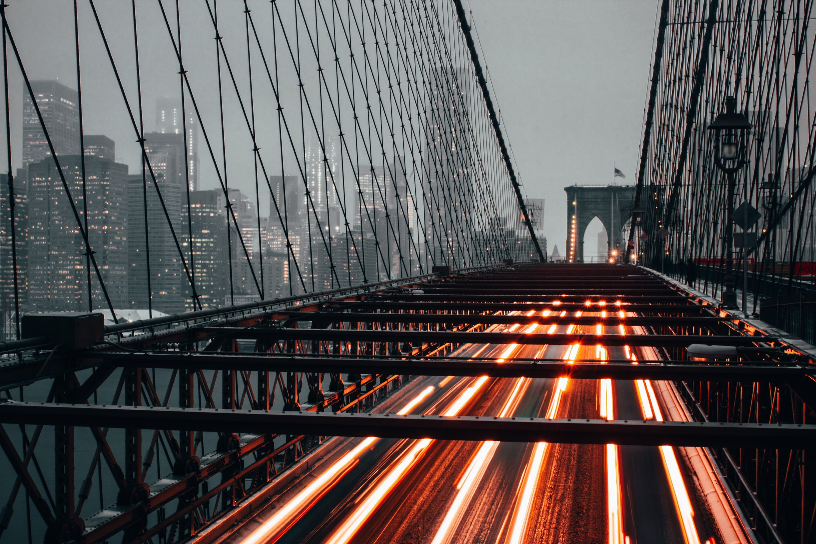 Car, skyscraper, transportation, outdoors, no people, long exposure, modern, built Structure, building, famous Place, New York City, connection, steel Cable, HD Wallpaper