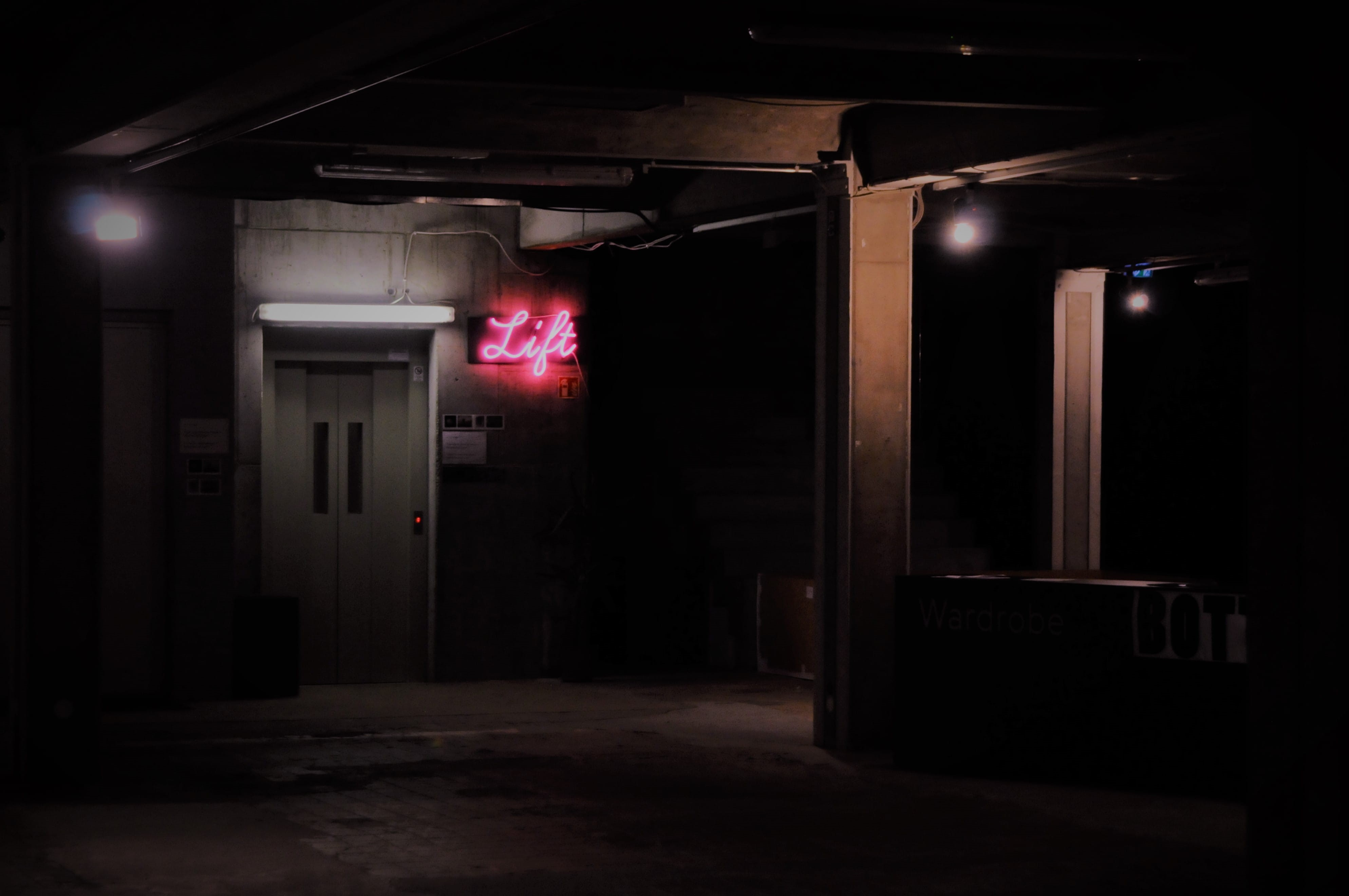 parking lot, spooky, beside, light, no People, turned, neon, dirty, sign, doorway, illuminated, shady, street, halloween, door, horror, architecture, built Structure, HD Wallpaper