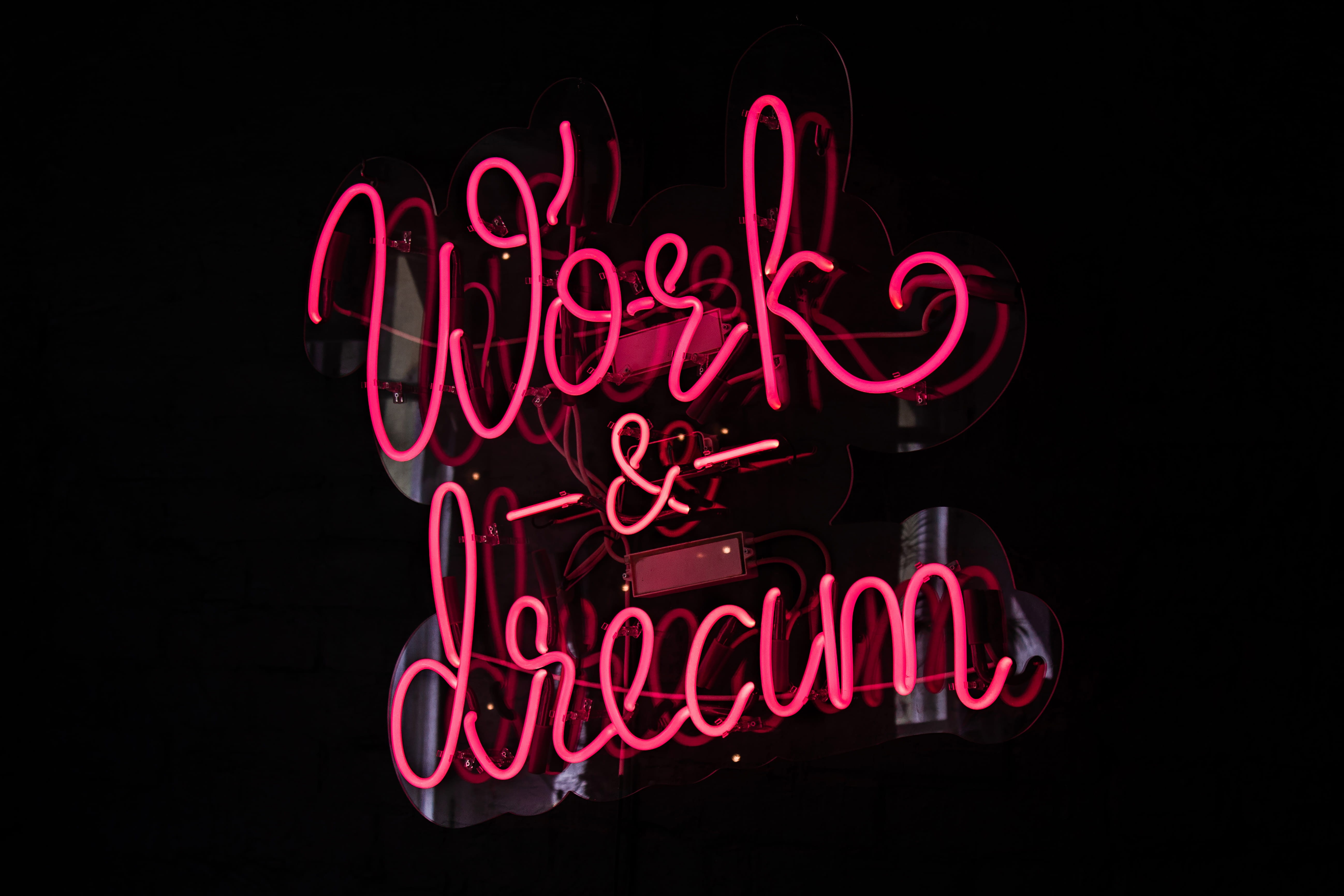 black background, works, positive emotion, lighting equipment, sign, western script, shadow, love, dream, 5K, signage, led, red, glowing, illuminated, HD Wallpaper