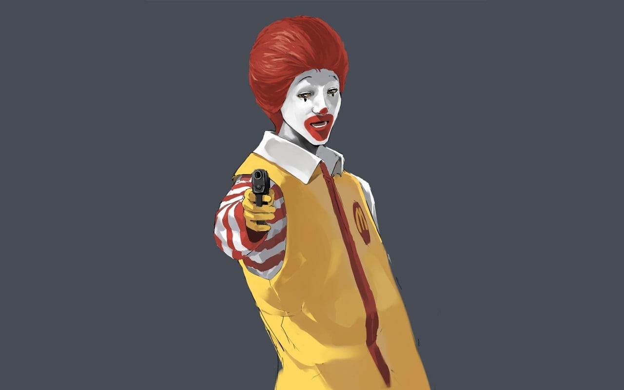 simple background, dark humor, looking at camera, dyed red hair, front view, waist up, yellow, McDonalds, celebration, costume, indoors, studio shot, cut out, HD Wallpaper