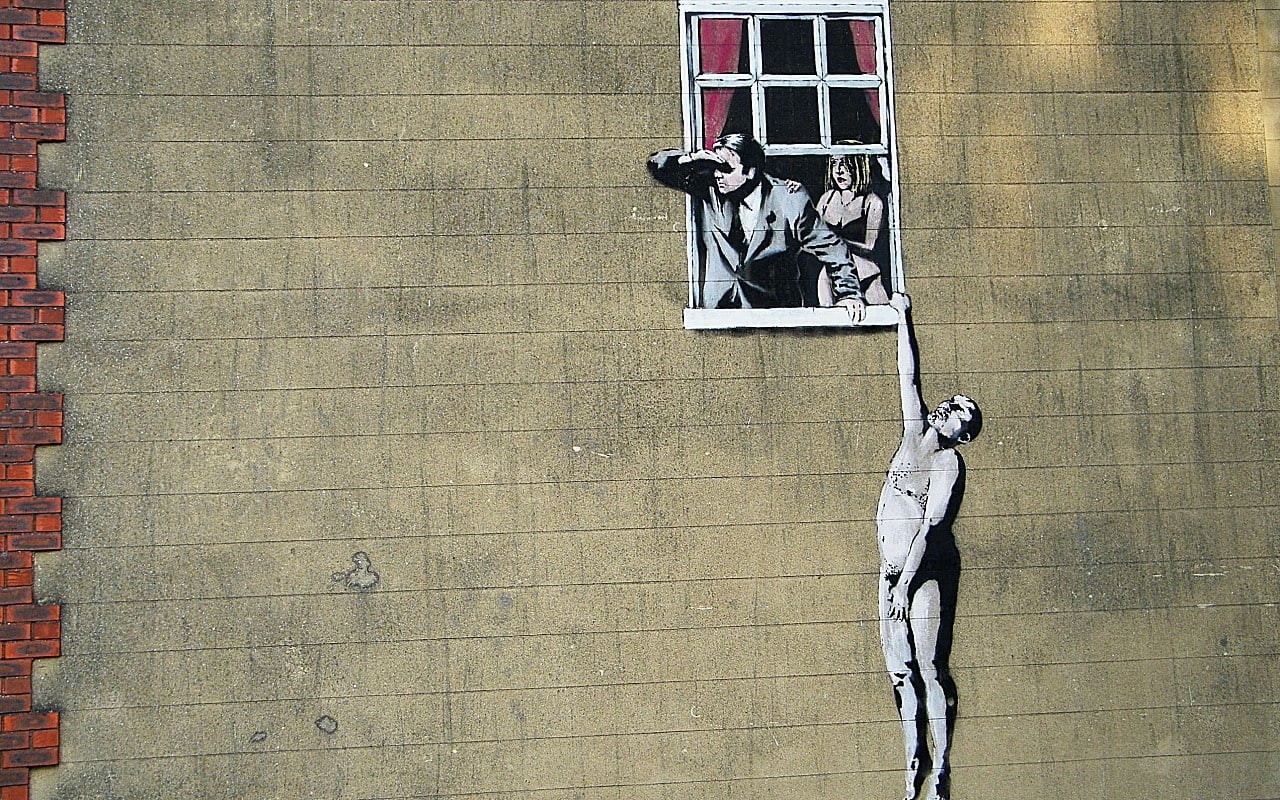 window, banksy, digital/artwork, 720P, wall, hd, graffiti, HD Wallpaper