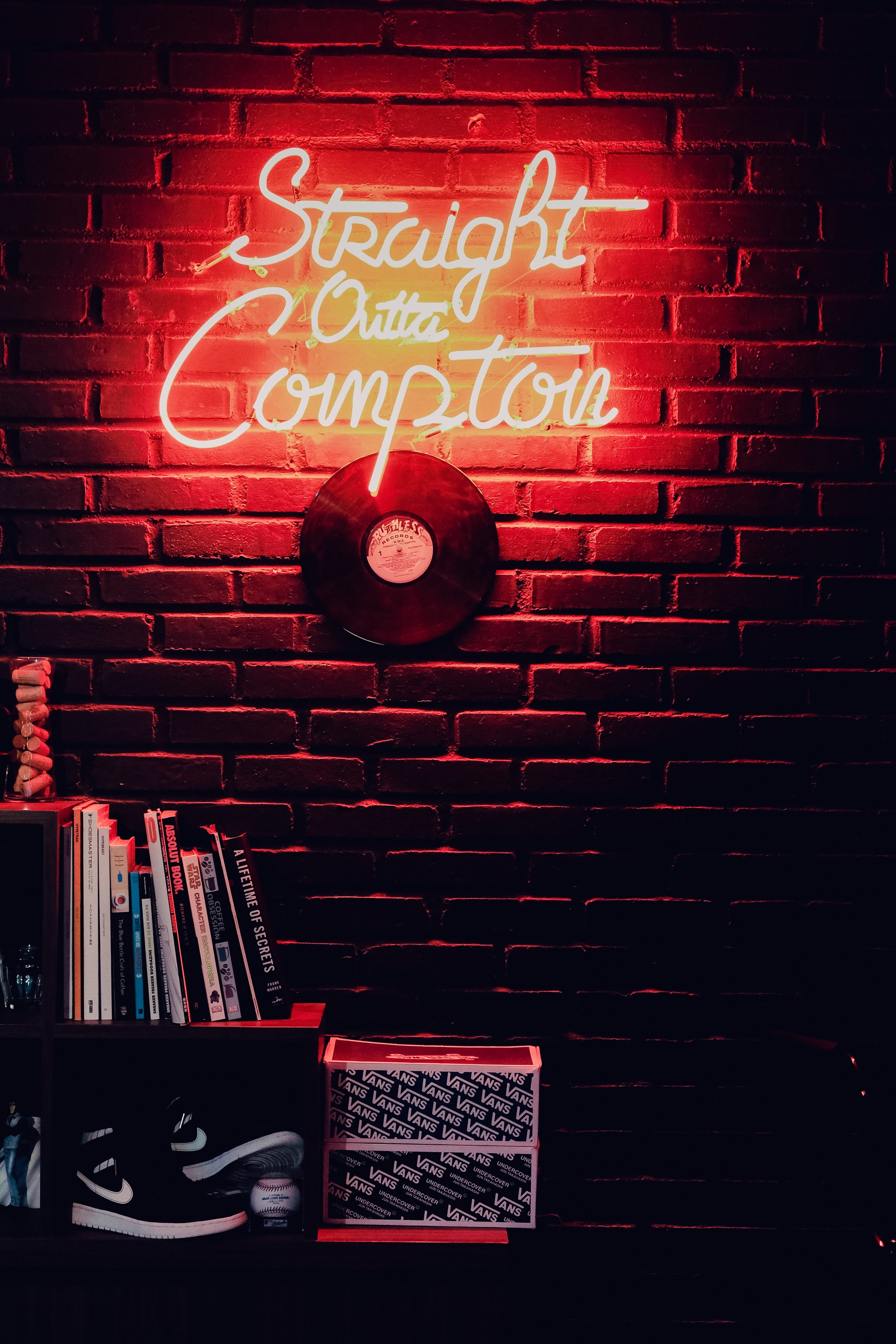 brick Wall, signage, sign, 4K, wall, illuminated, nightlife, built structure, outta, glowing, red, western script, indoors, no People, light, communication, Phone HD Wallpaper