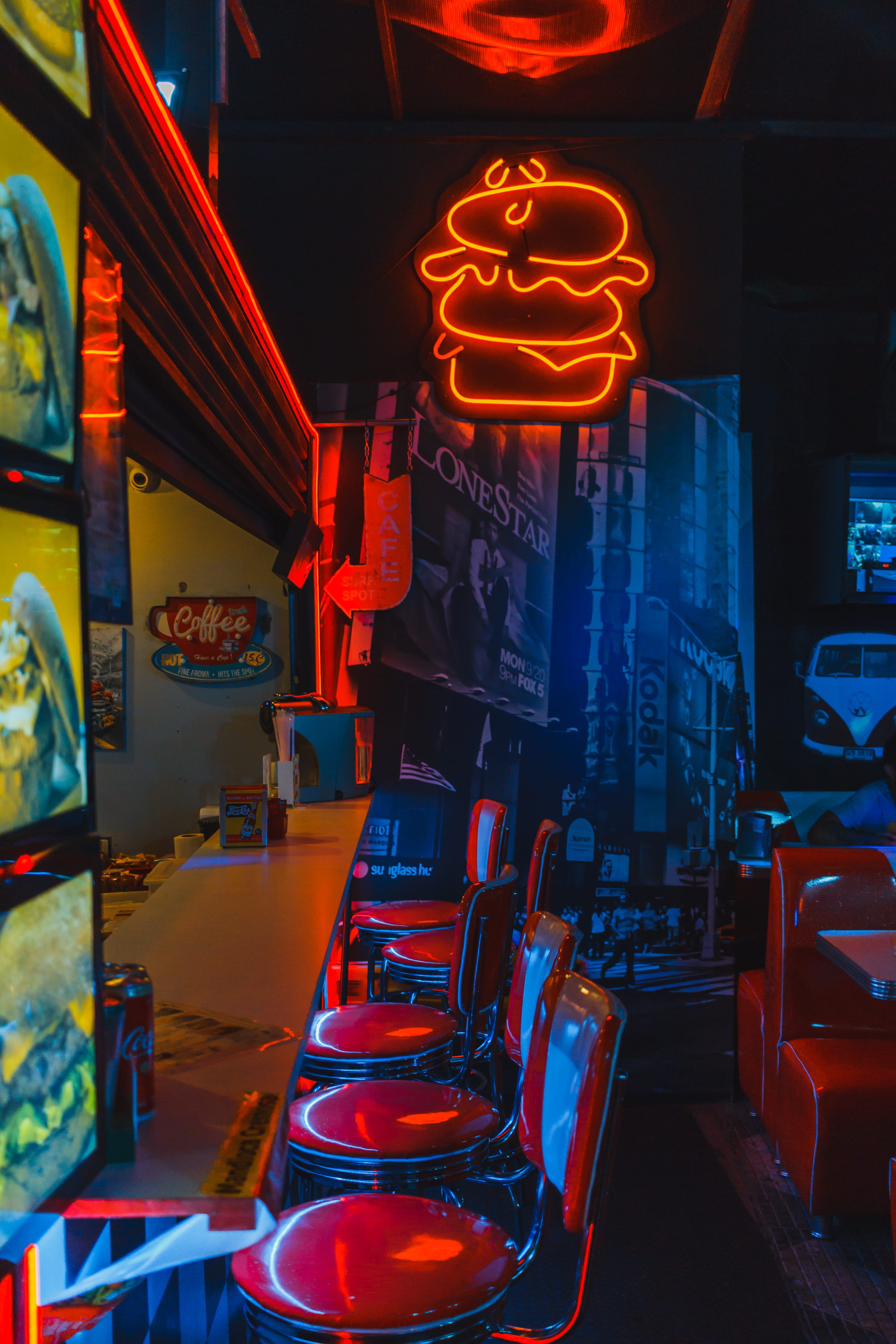 hamburger, evening, neon lights, representation, close-up, business, built structure, 5K, signage, graphic, commerce, dark, illuminated, commercial sign, Phone HD Wallpaper