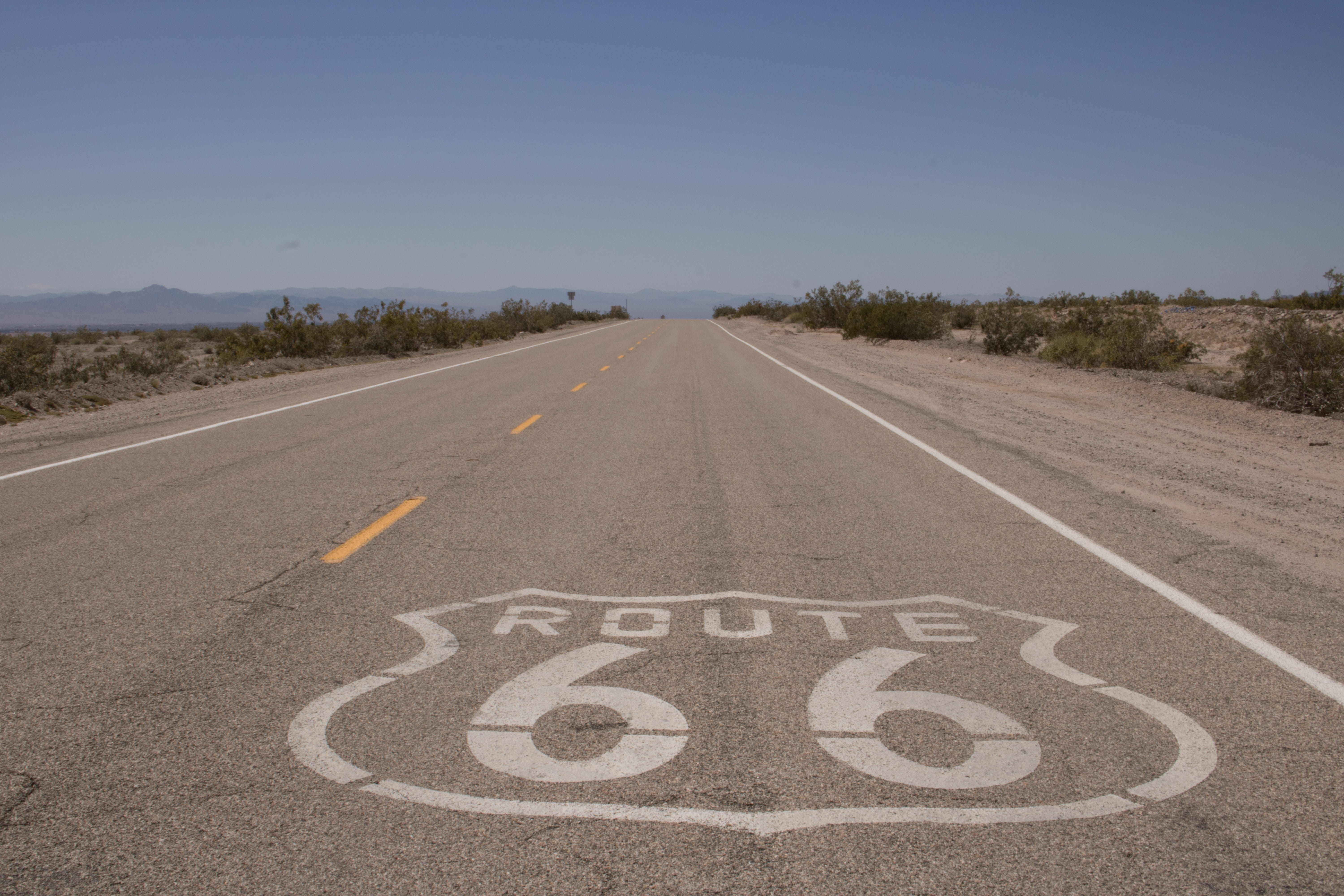 Route 66, marking, Sign, asphalt, clear sky, communication, no people, number, transportation, desert, highway, america, history, nature, road sign, symbol, HD Wallpaper