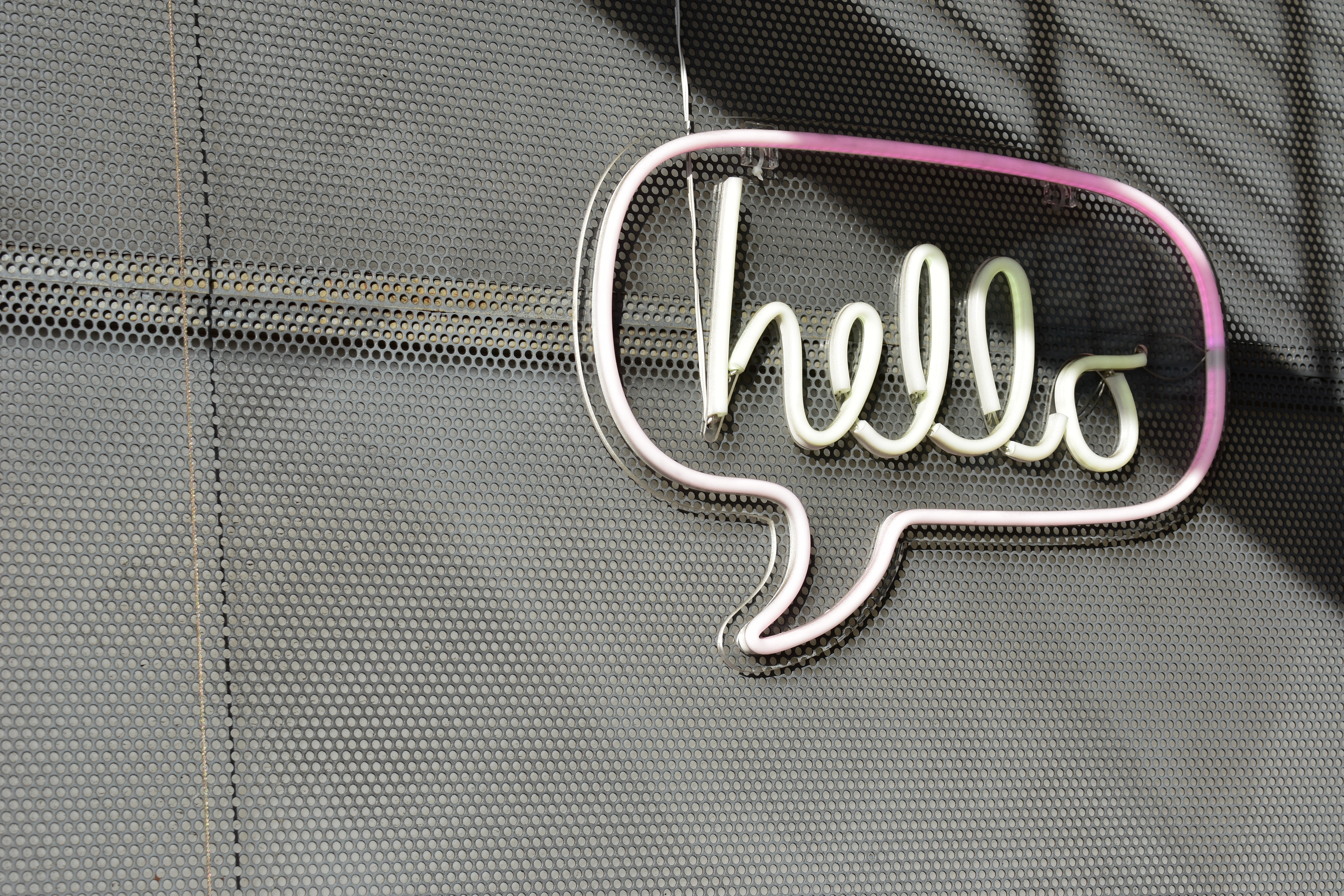 neon, technology, photo, mounted, close-up, metal, signage, text, day, los angeles, led, indoors, communication, hellow, textured, lights, daytime, hello, HD Wallpaper