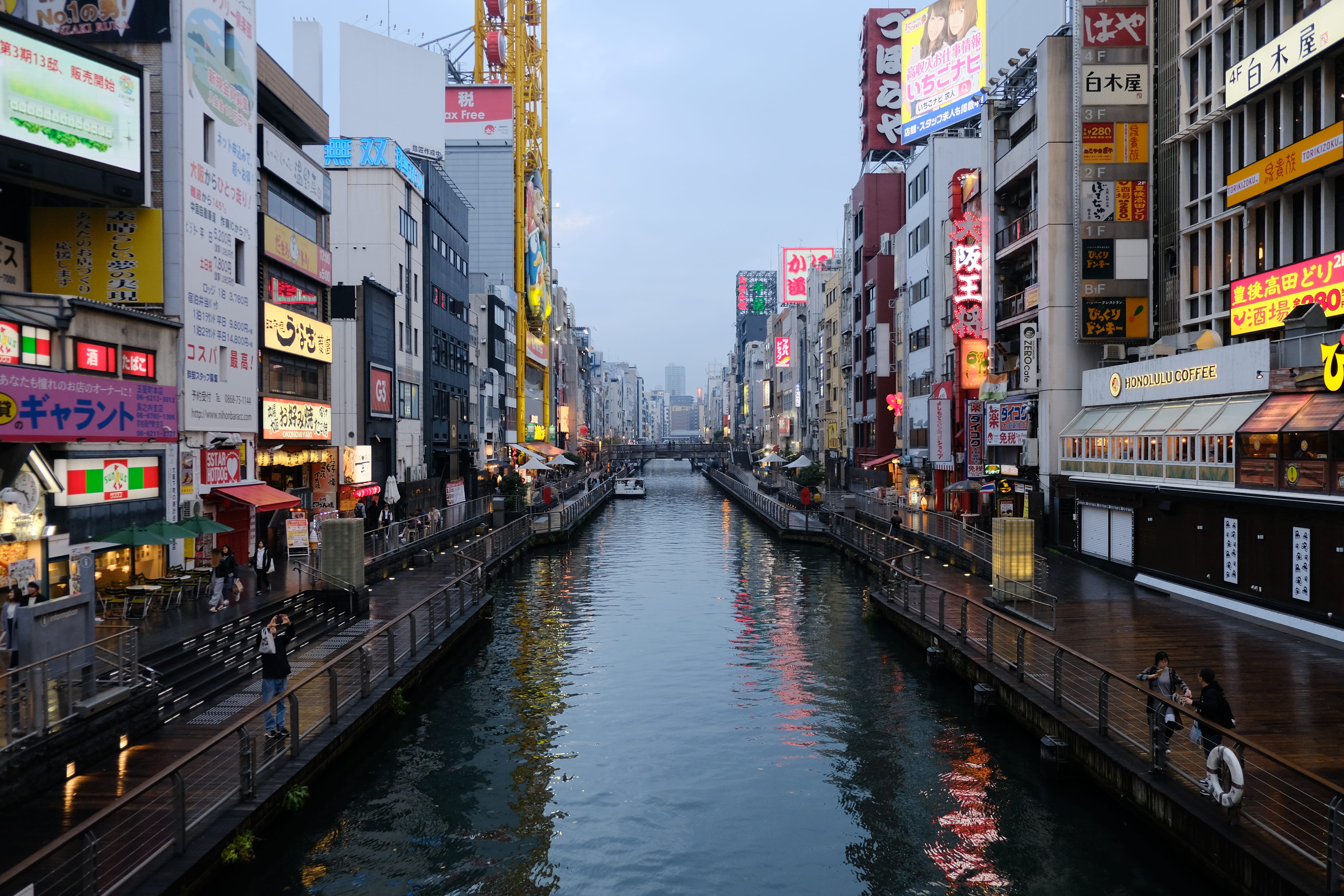5K, waterfront, sky, transportation, street, dotonbori, japan, nature, residential district, built structure, architecture, day, building exterior, people, HD Wallpaper